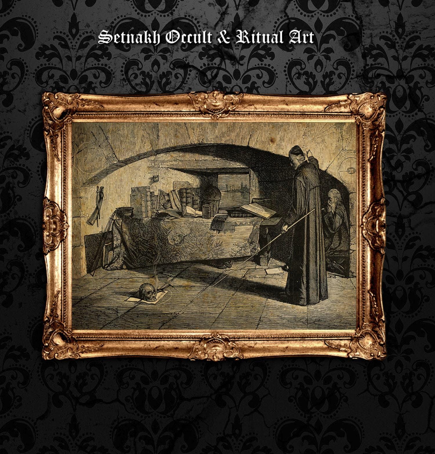 A wizard performing spells in his den. occult print, magic, dark art, occult poster, gothic gift, esoteric, pagan home decor #W56