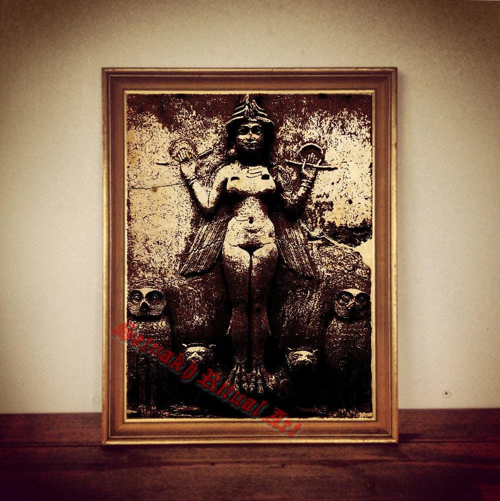 Lilith Art Print, Burney Relief – Babylon (1800–1750 BCE), Queen of the Night, Lilith Print, Demon of the Night, Babylonian Goddess, Owl, Ancient Goddess, Gothic Decor, Vampire Art #81