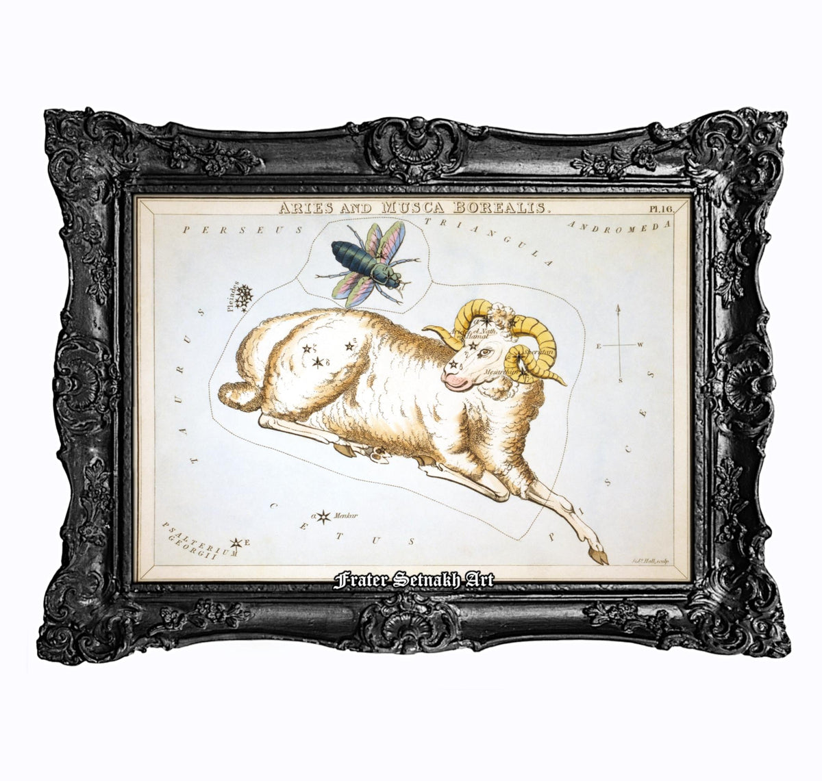 The image is a framed artwork depicting a ram with a dragonfly on its back, set against a starry night sky background.