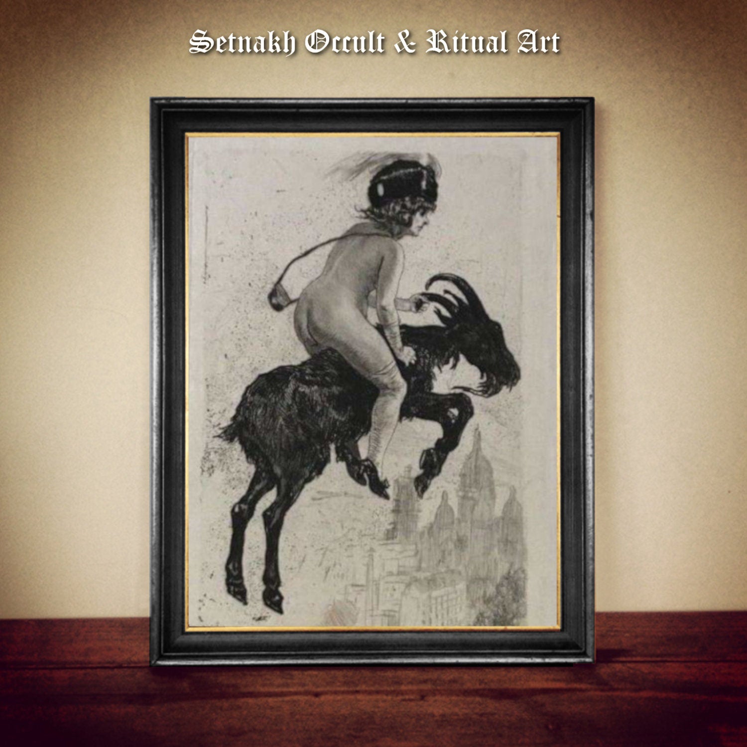 Witch riding on the Goat print, vintage photography, dark, occult poster, gothic home decor, witchcraft, witch print, wiccan art #W108
