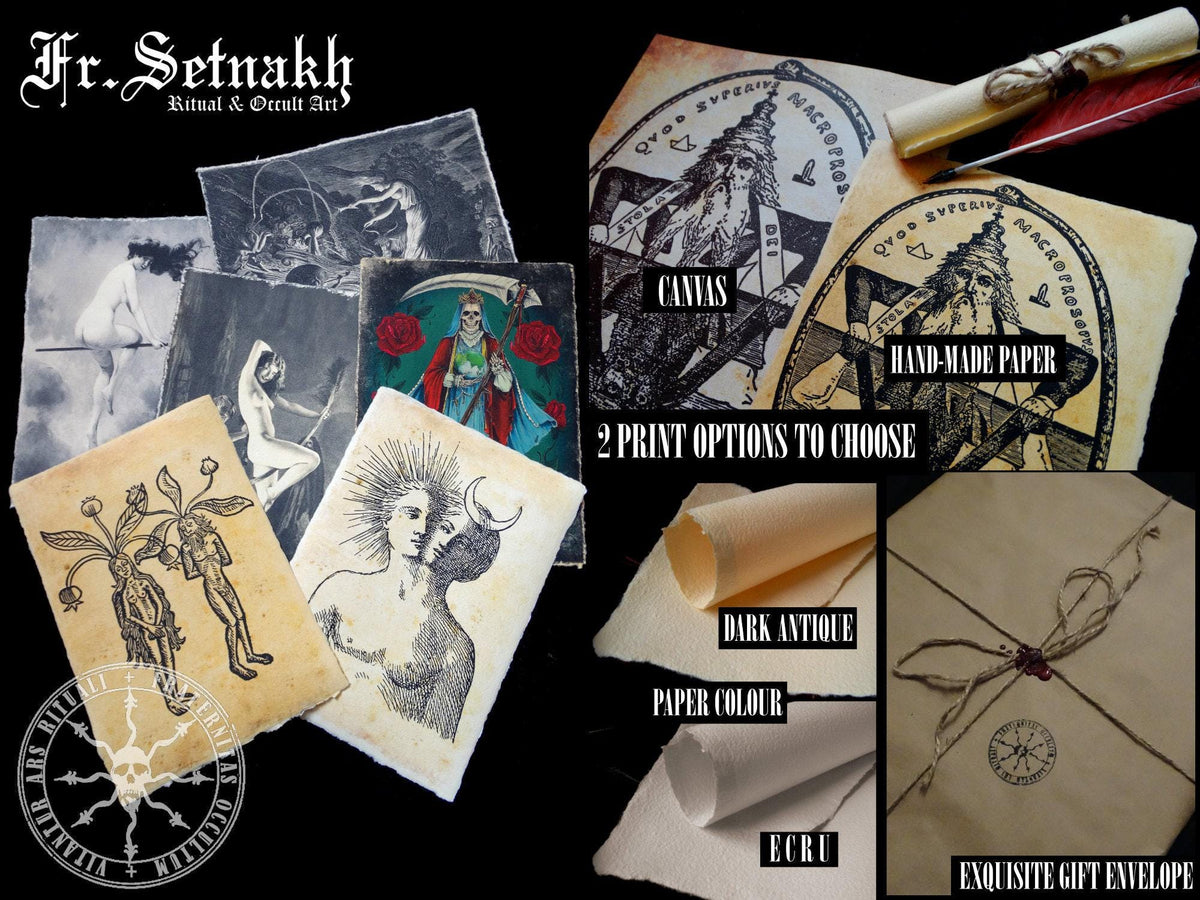 The image is a collage of various artistic and decorative items, including a scroll, a canvas, a hand-made paper, and a dark antique paper. The items are arranged on a black background, and there are descriptions of the items, such as "Canvas", "Hand-made paper", "2 print options to choose", "Dark antique paper colour", "Paper colour", "Enquisite gift envelope", and "The image depicts a scroll".