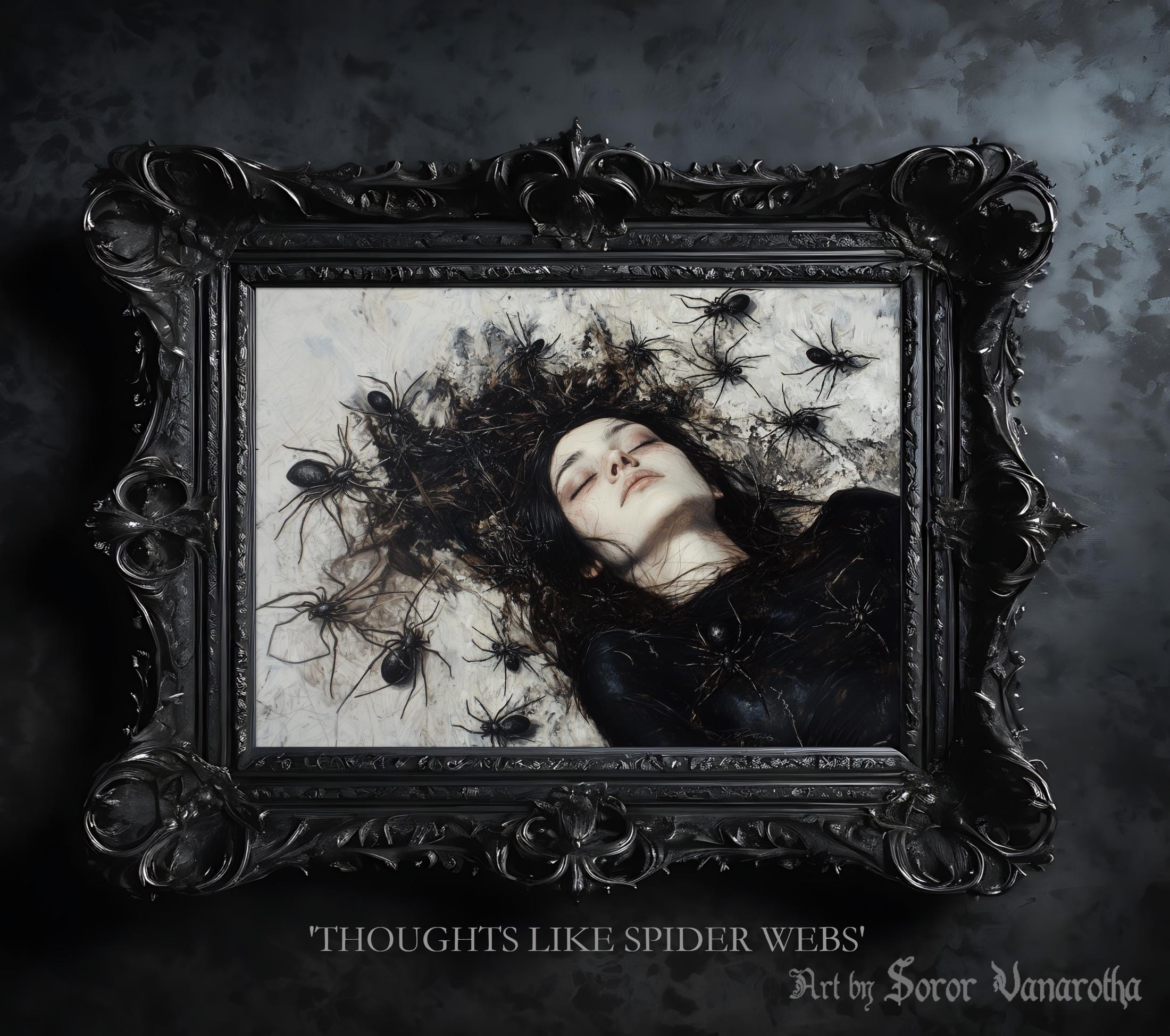 Thoughts Like Spiderwebs Art Print - Dead Woman with Spiders in Hair, Dark Surreal Art, Gothic Wall Decor, Creepy Fine Art Print" #SV14