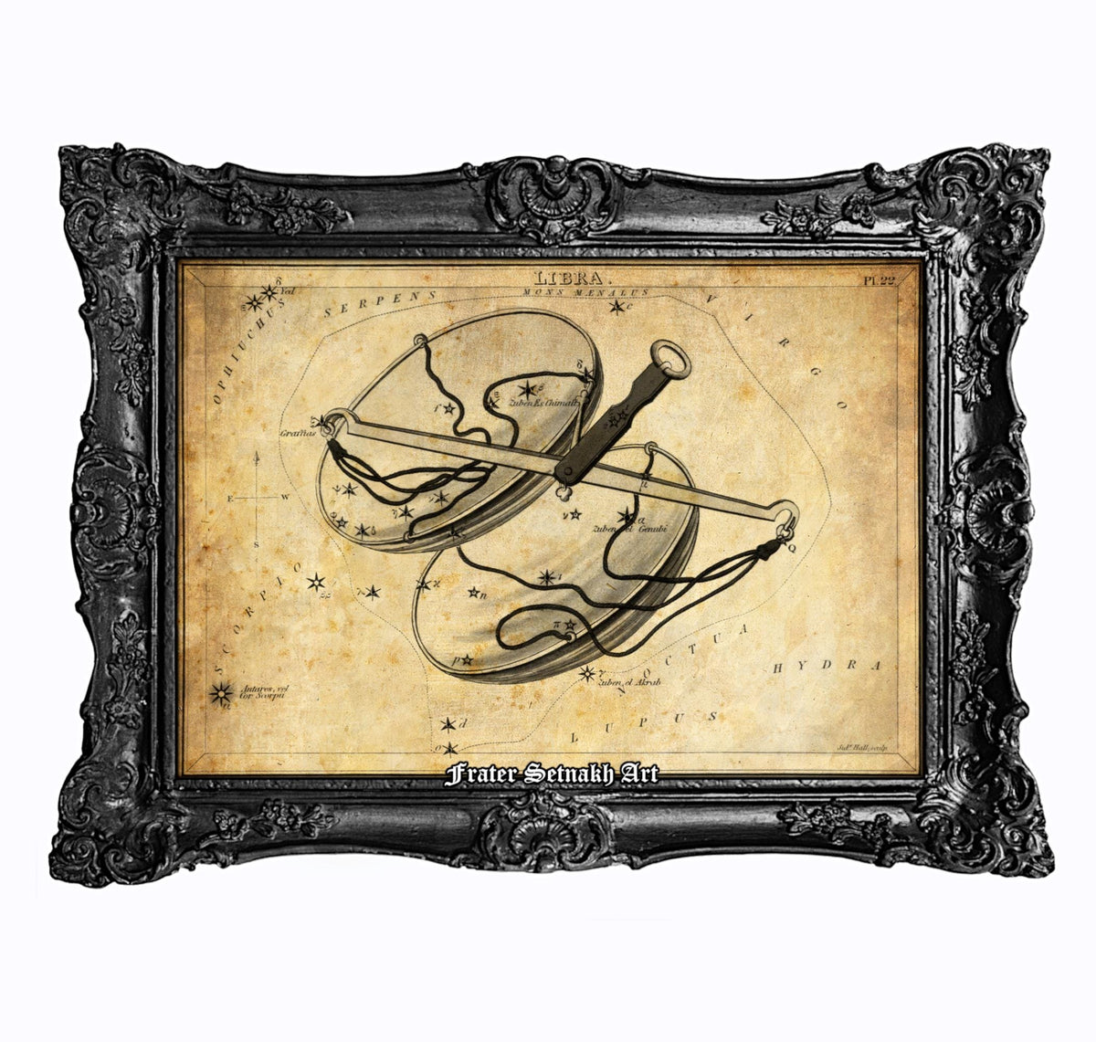 The image is a framed artwork depicting a vintage astrolabe, a tool used for celestial navigation.