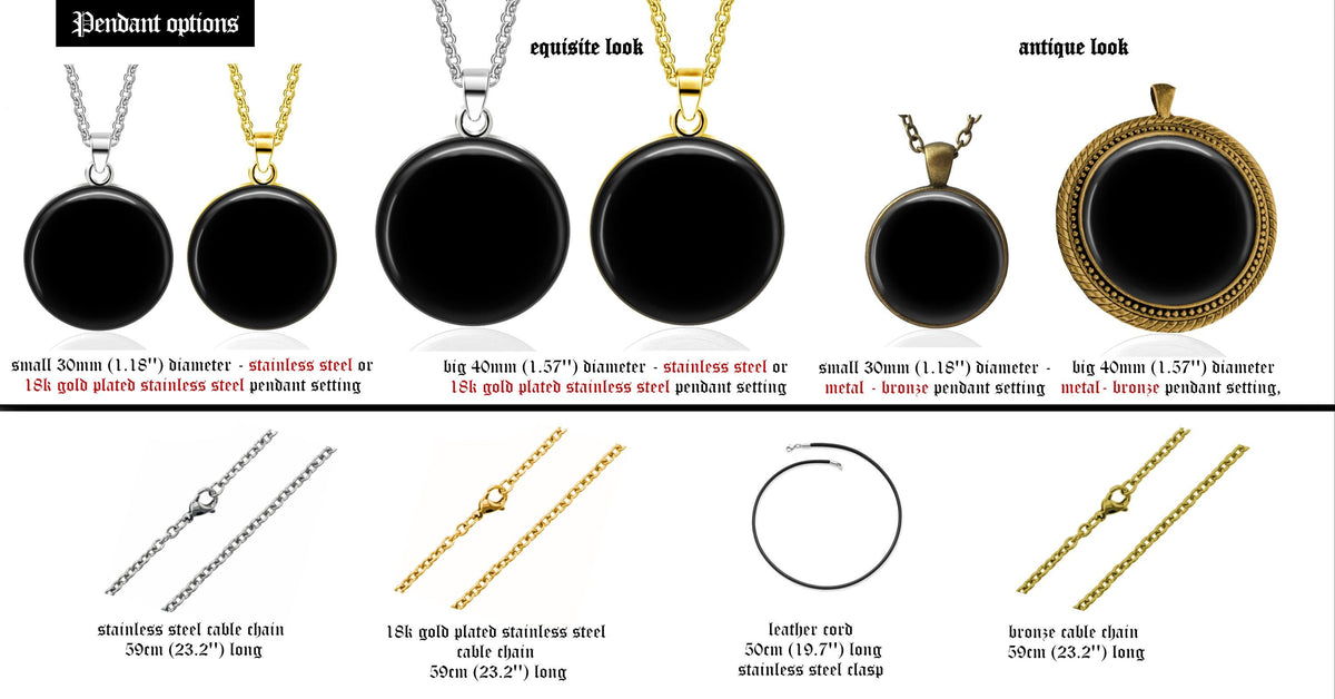 a variety of pendant options, including different sizes and materials, such as stainless steel, 18k gold plated, and bronze. The pendants come in various shapes and sizes, with some featuring a circular design and others with a more intricate design. The image provides a visual comparison of the pendant options, allowing viewers to see the differences between the various materials and styles.