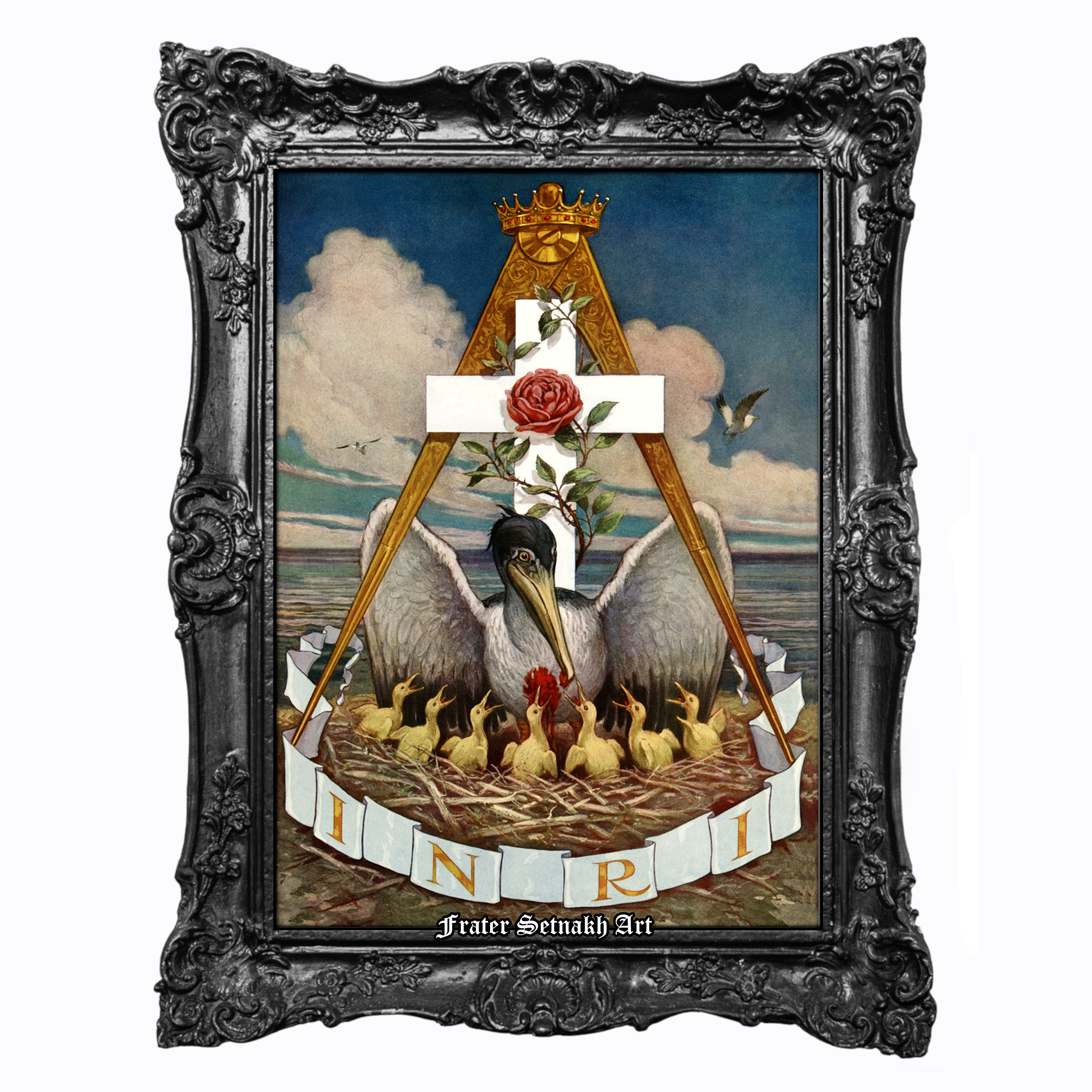 Pelican and Rosy Cross Rosicrucian Poster, Esoteric Christian Symbolism Print, Occult Alchemical Wall Art, Sacred INRI Illustration, Mystical Religious Artwork #197