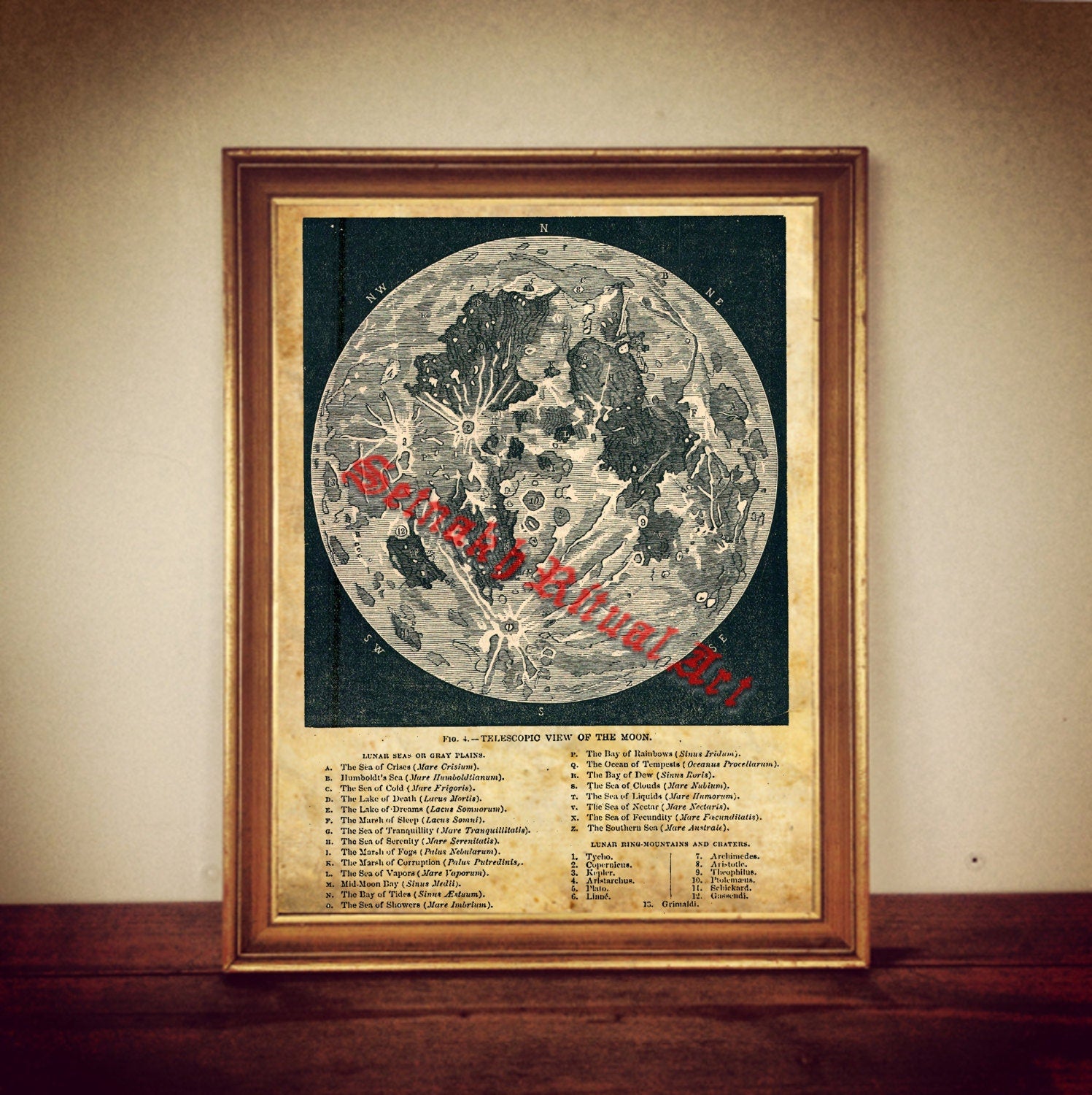 Moon Print – Telescopic View and Map of the Moon (1886) – Astronomy Poster, Celestial Illustration, Gothic Art, Occult Home Decor, Magic Wall Art #344