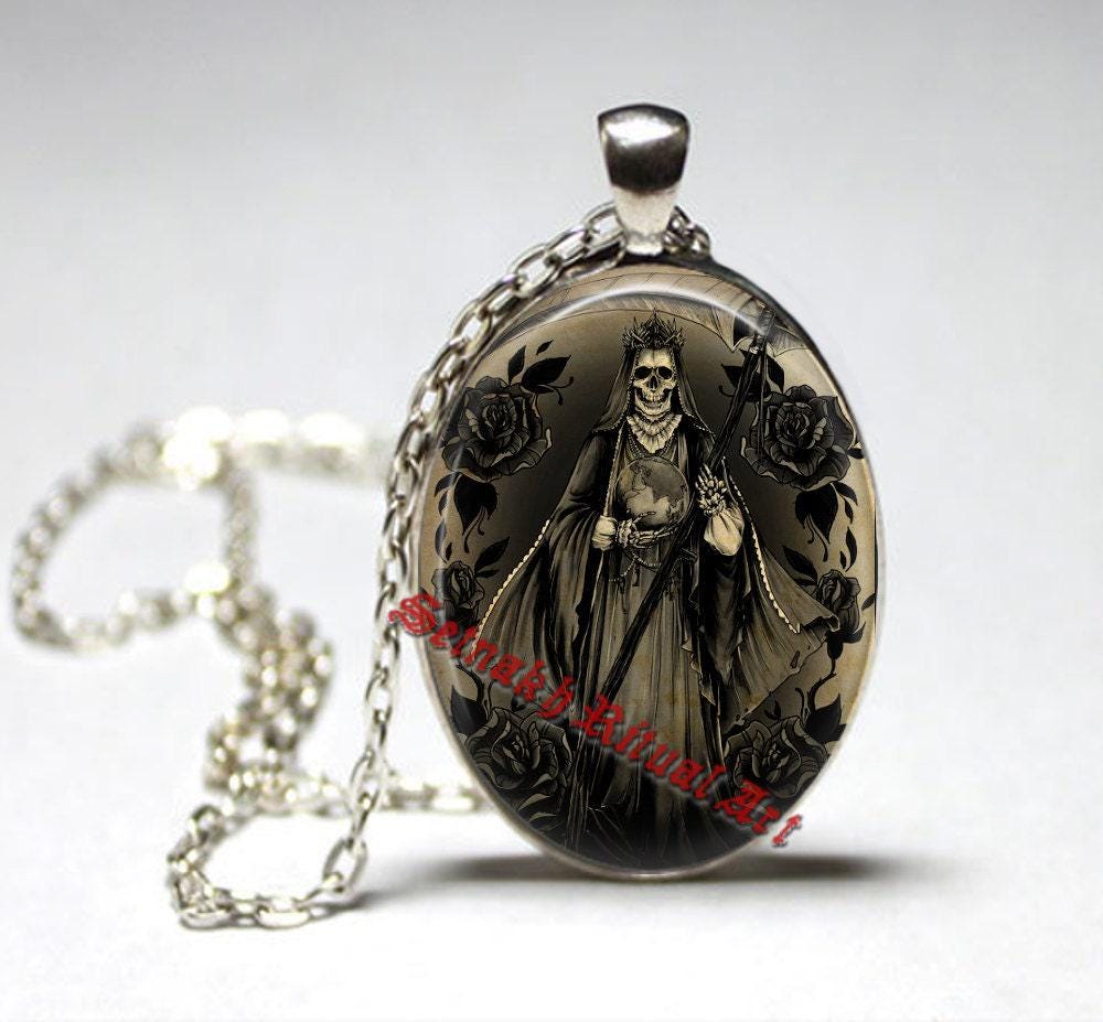 Santa Muerte necklace, Death Reaper, Voodoo amulet, Day of the Dead occult medallion, ritual jewelry, Saint Death, skull art, morte #435.1