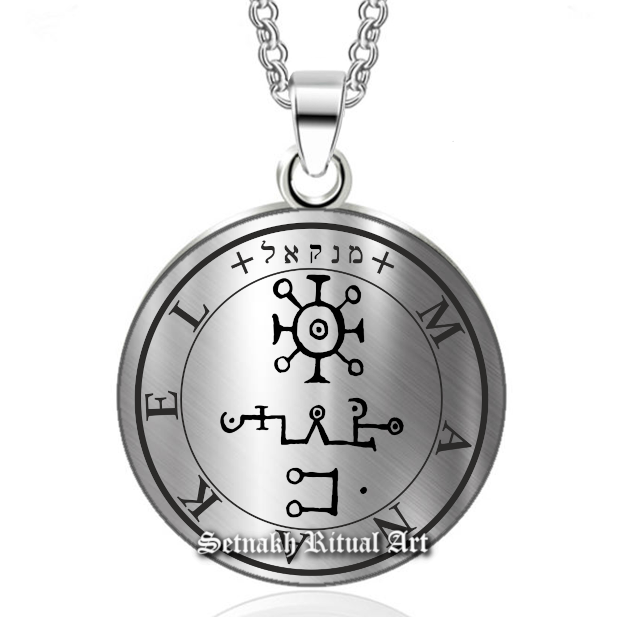 a silver necklace with the words and symbols on it