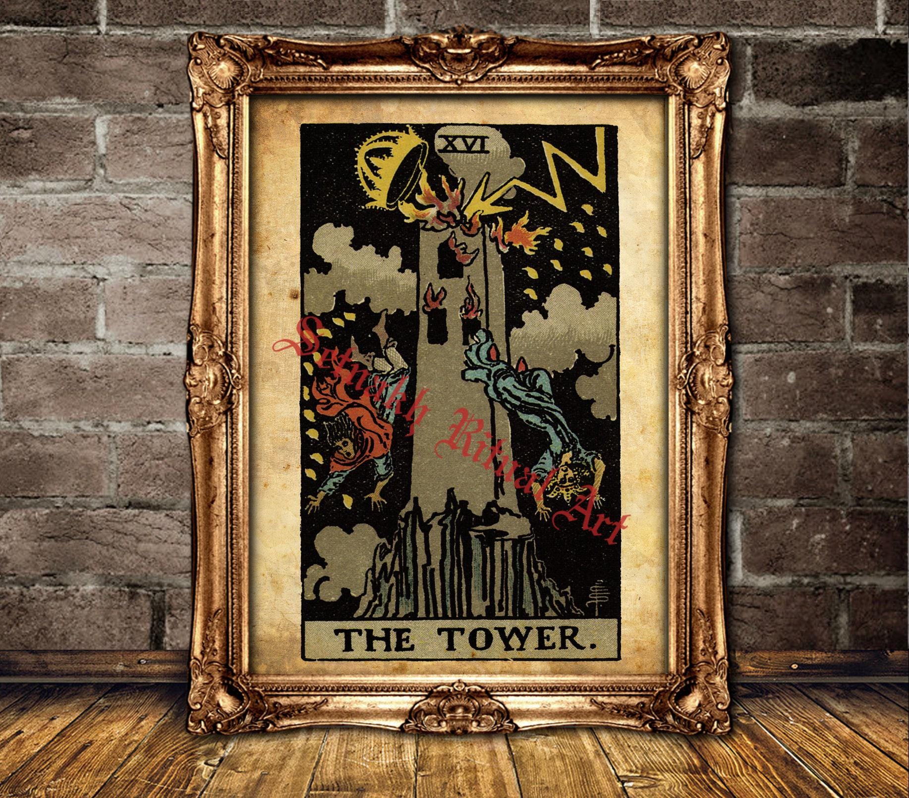 The Tower Tarot print, Sudden change, upheaval, chaos, revelation, awakening, magick, Tarot occult poster, occult home decor #396.16