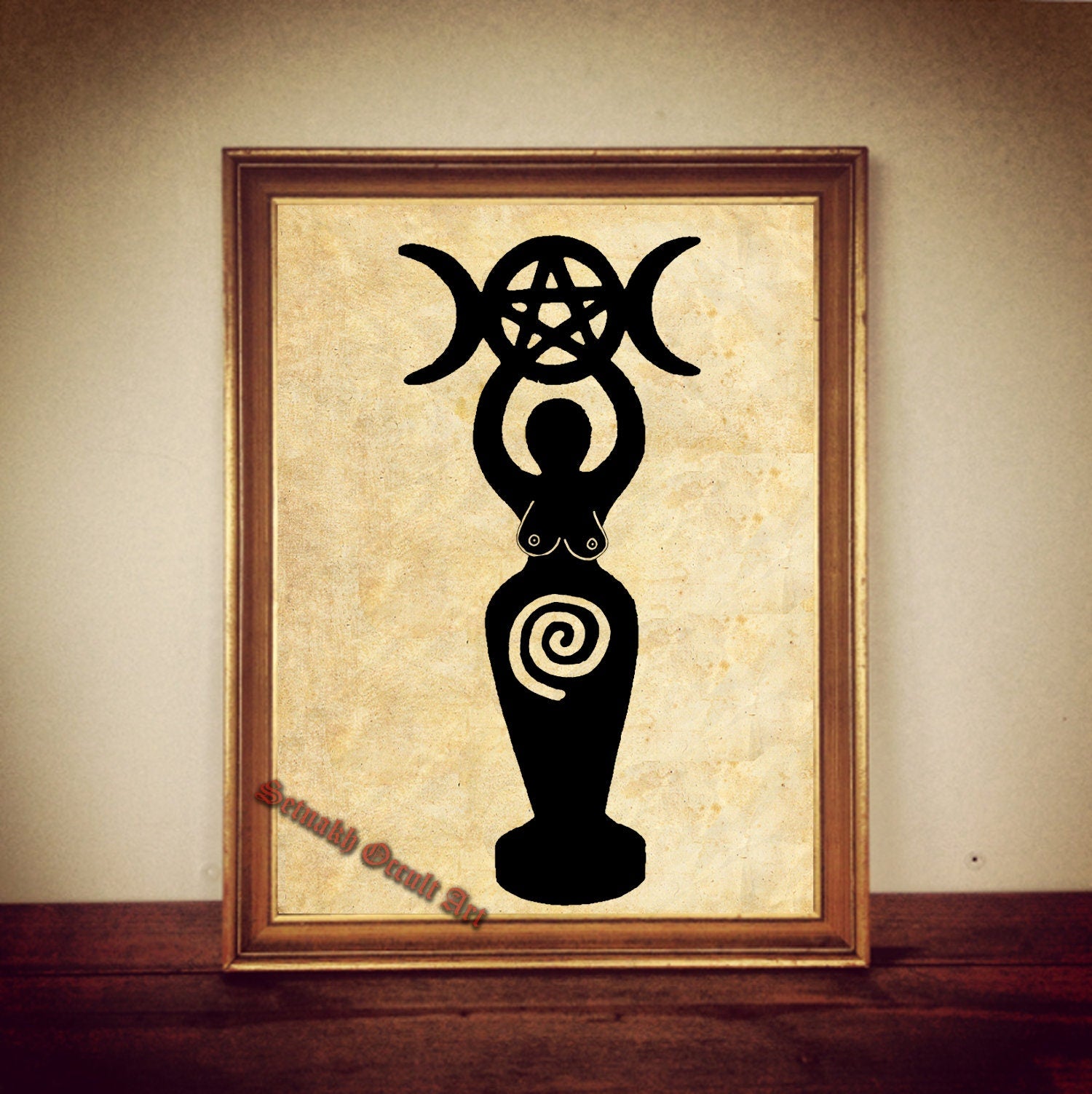 Spiral Goddess holding Triple Moon and pentagram, feminine power, wiccan, pagan art, occult, witchcraft, white magick, Mother Earth #WS2