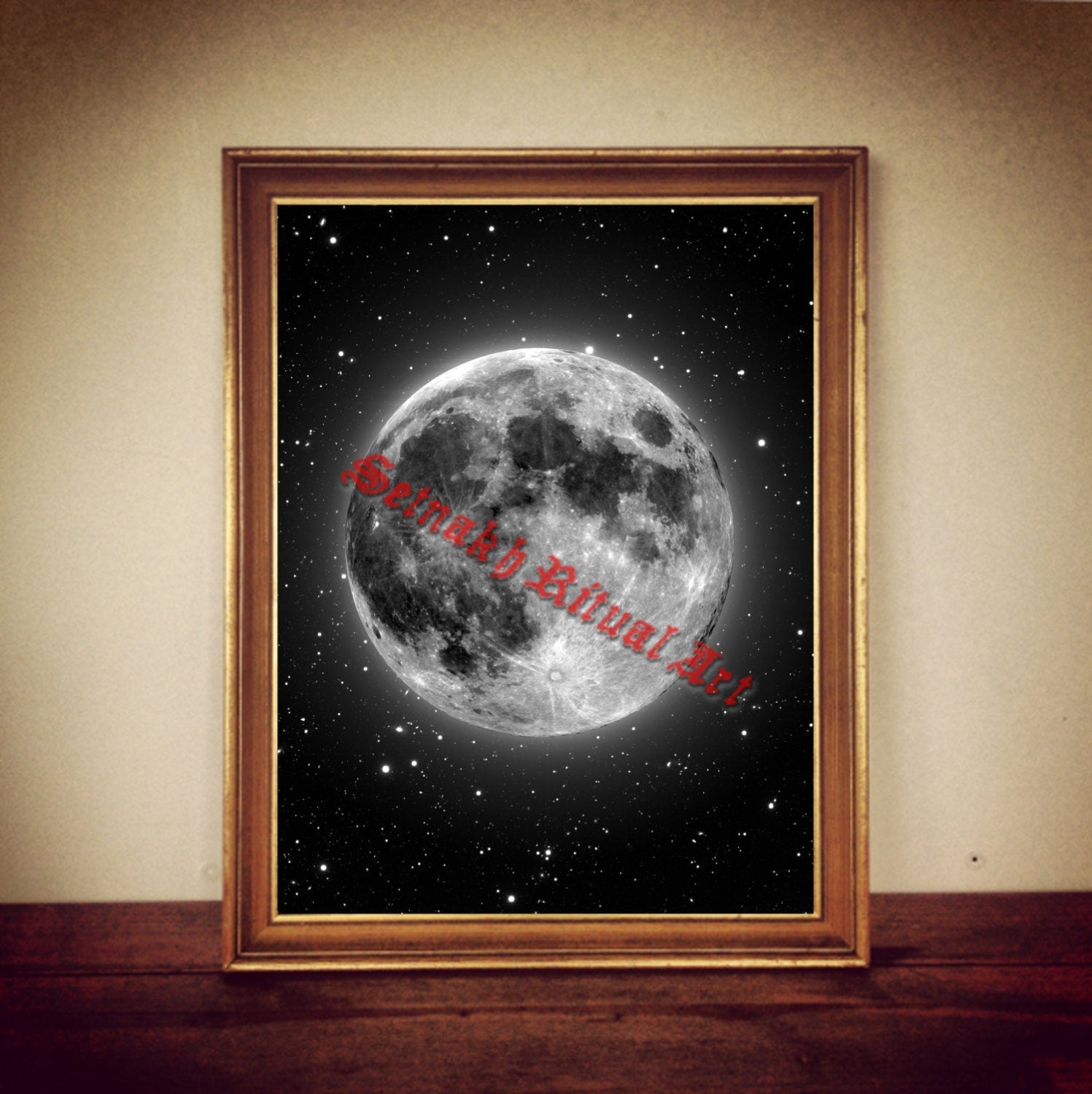 Moon Art Print – Full Moon and Stars Illustration, Astronomy Poster, Gothic Wall Art, Magic Poster, Magick, Occult Home Decor #345