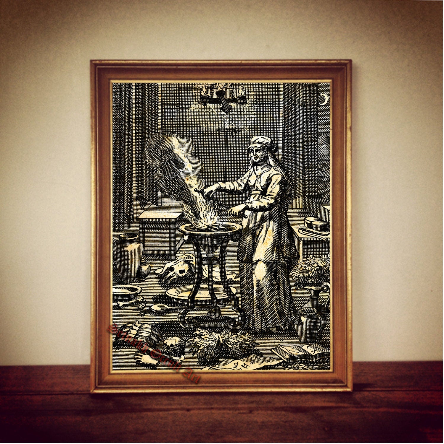 Witch, old witch at her cauldron, witchcraft, aged print, occult print, witchcraft, dark art poster, sorcery, black magic, occultism, #W9