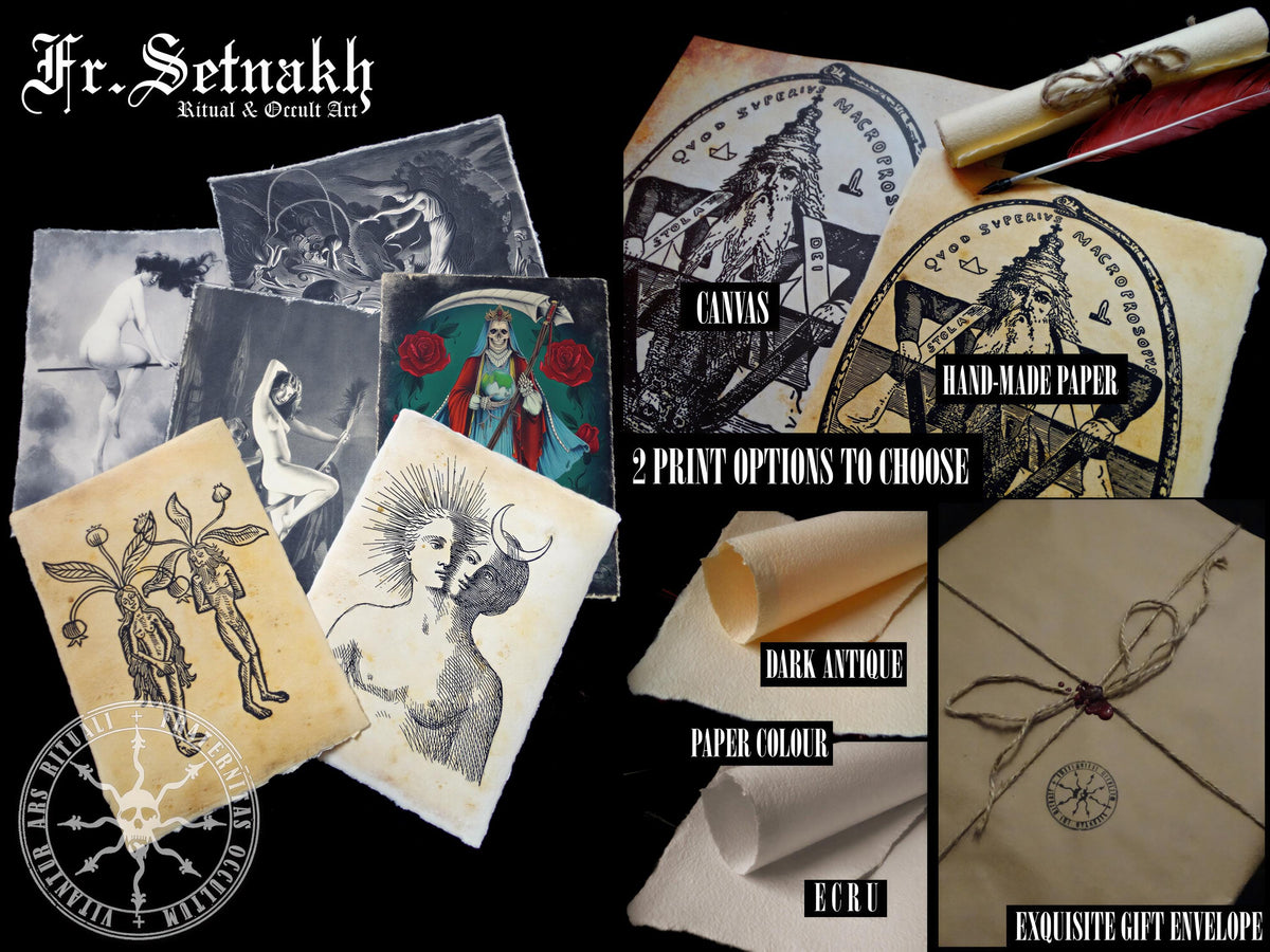 The image is a collage of various artistic and decorative items, including a scroll, a canvas, a hand-made paper, and a dark antique paper. The items are arranged on a black background, and there are descriptions of the items, such as "Canvas", "Hand-made paper", "2 print options to choose", "Dark antique paper colour", "Paper colour", "Enquisite gift envelope", and "The image depicts a scroll".