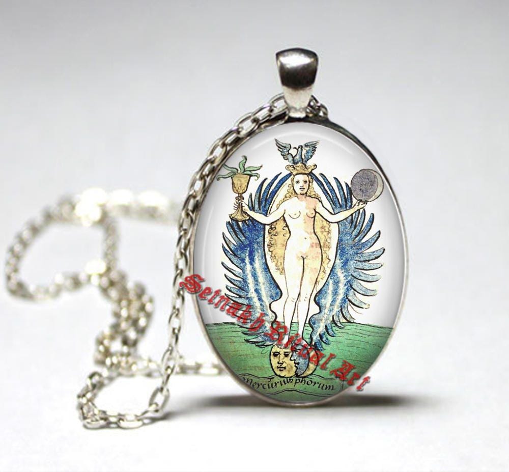 Mercury pendant, Alchemy jewelry, Magic necklace, gnosticism, gnosis, Sun, Moon face #473