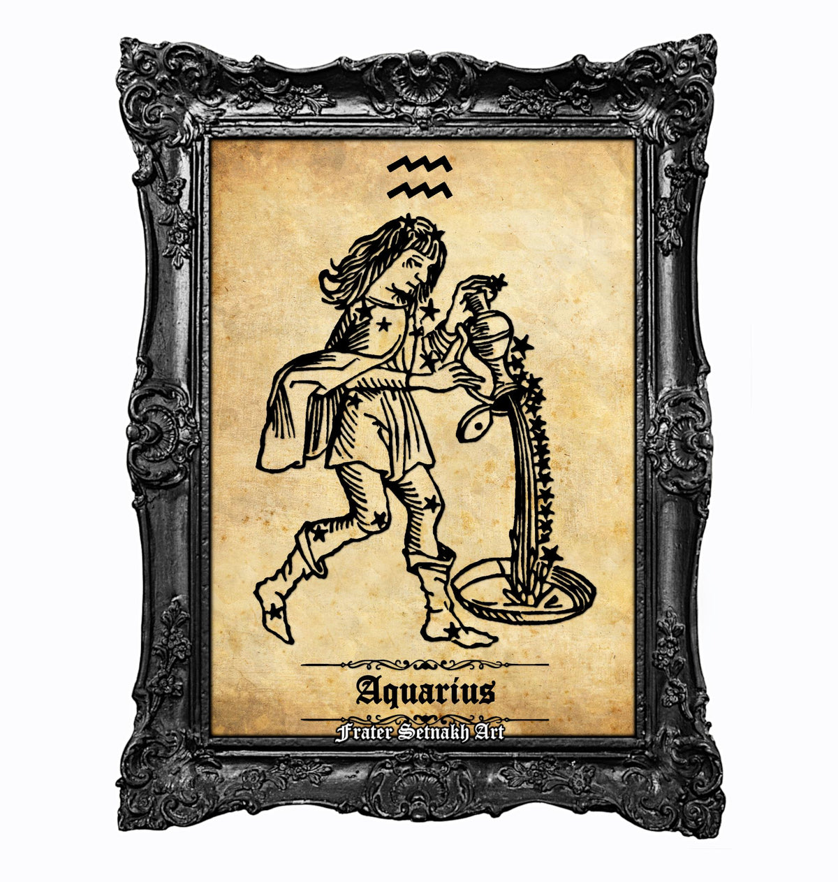 a framed illustration of a woman holding a vase, with the text "Aquarius" below the illustration.