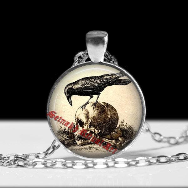 Human skull pendant, raven jewelry, occult jewellery, vintage animal necklace, anatomical choker #274