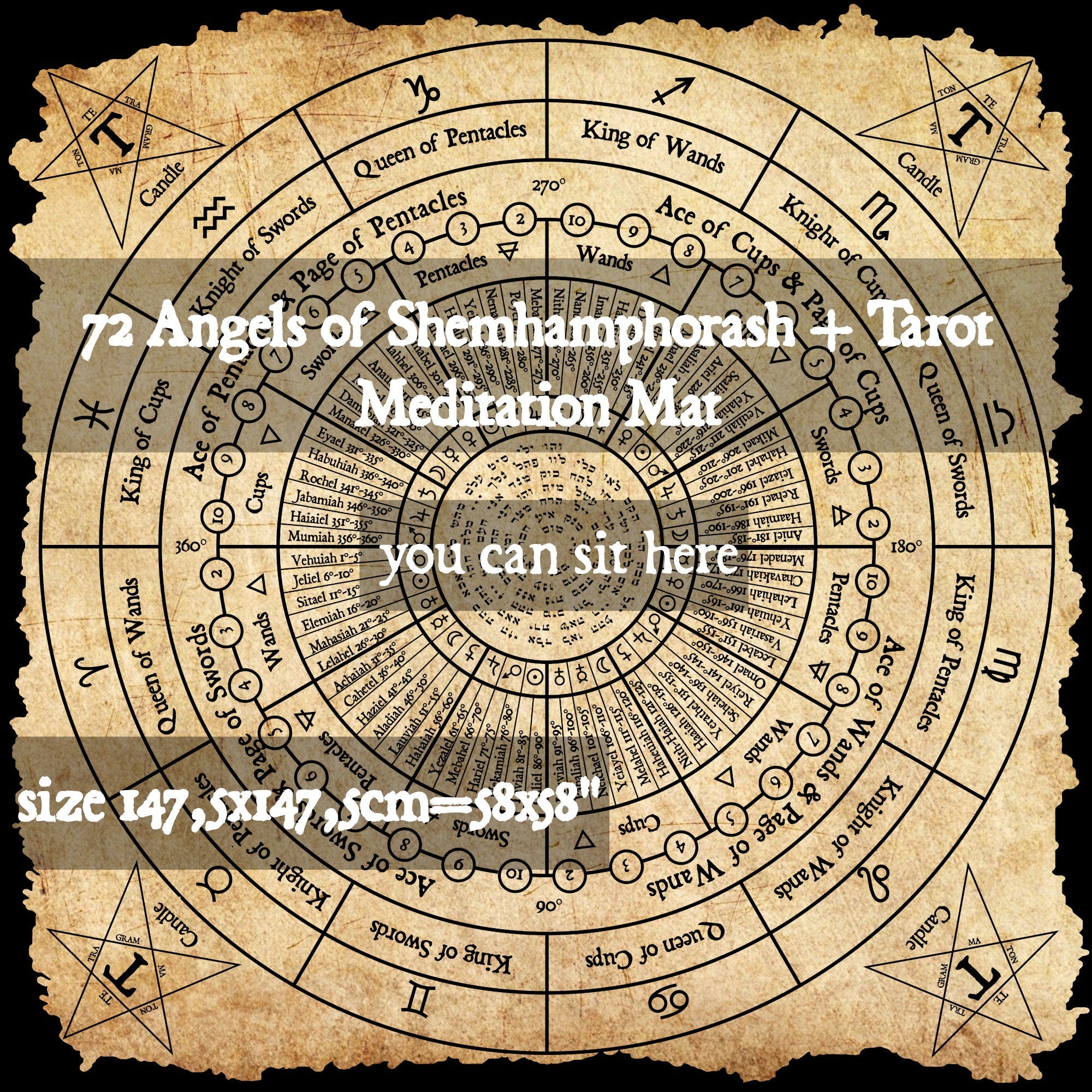 Meditation Mat with 72 Angels of Shemhamphorash and Tarot correspondences, for Angel Magick operations, Kabbalah, Qabala, Summoning Angels