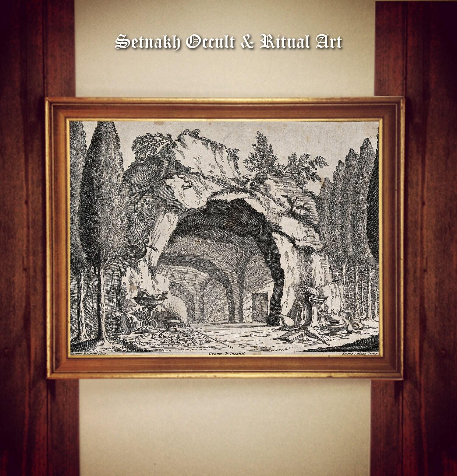 A grotto containing a magic circle, books and mythical creatures, witchcraft print, dark art, occult poster, gothic, pagan home decor #W57