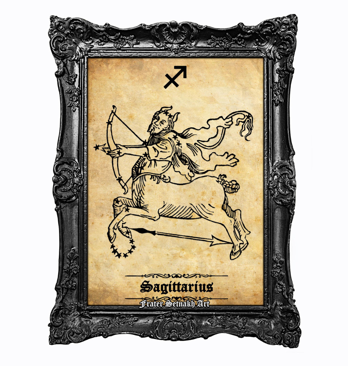 a framed illustration of a Sagittarius zodiac sign, which is a symbol of the Sagittarius constellation. The Sagittarius zodiac sign is depicted as a man riding a rearing horse, holding a bow and arrow. The image is framed with an ornate, decorative border, and the text "Sagittarius" is written below the illustration.