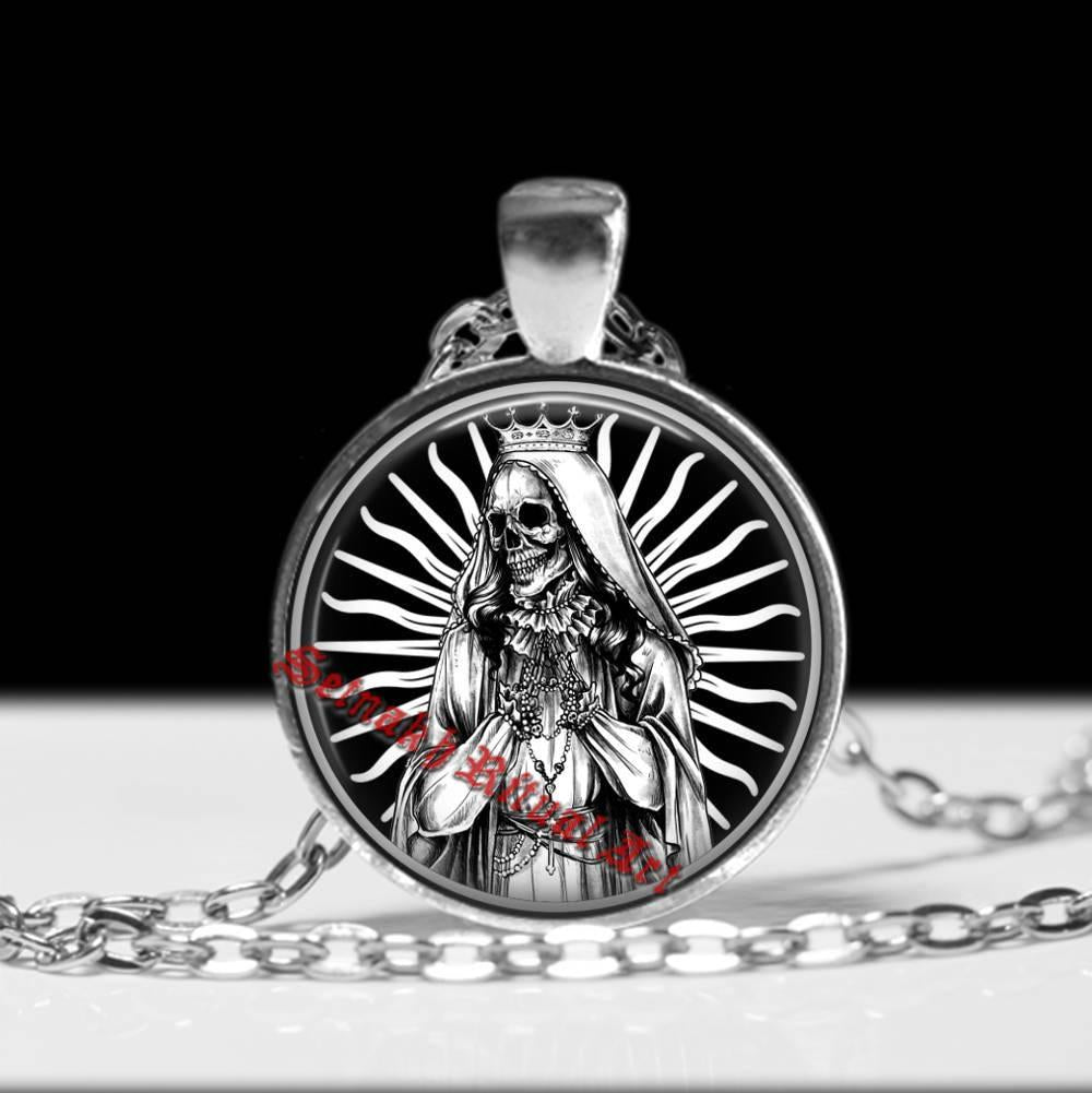 Santa Muerte pendant, day of the dead necklace, ritual altar jewelry, occult medallion, saint death, skull art, morte #25