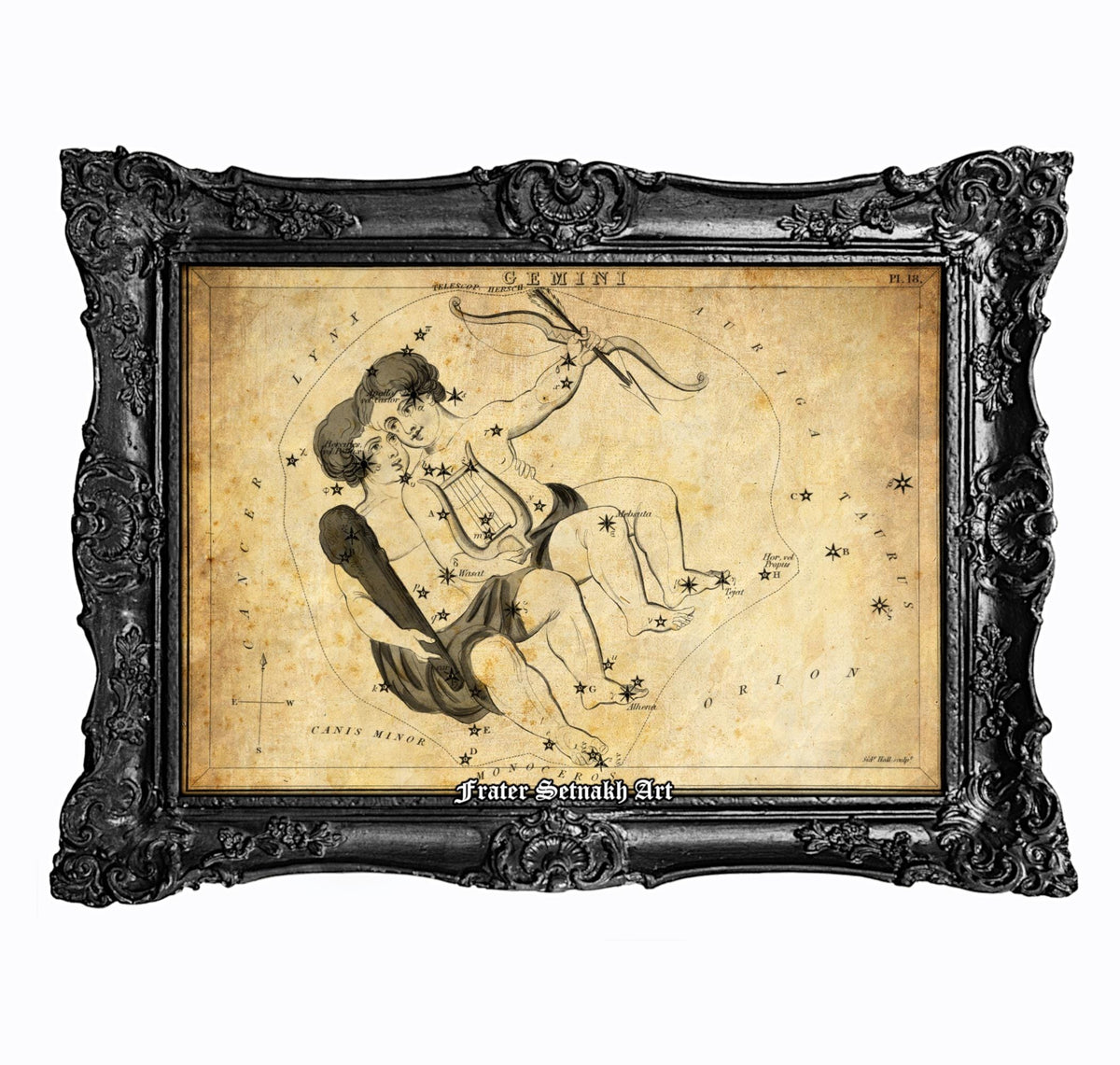 The image is a framed vintage astrological chart depicting the zodiac signs of Capricorn and Aquarius.
