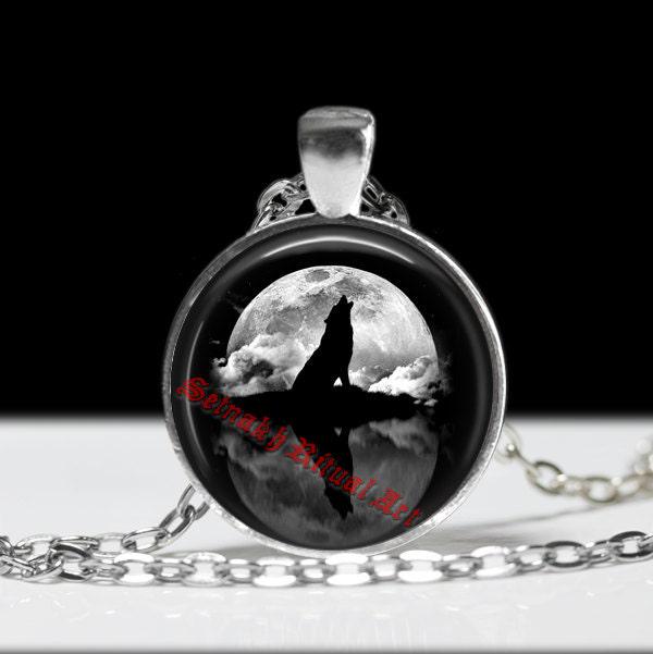 Howling Wolf pendant, Moon jewelry, gothic necklace, dark art, black pendant, witchcraft necklace, pagan amulet #91