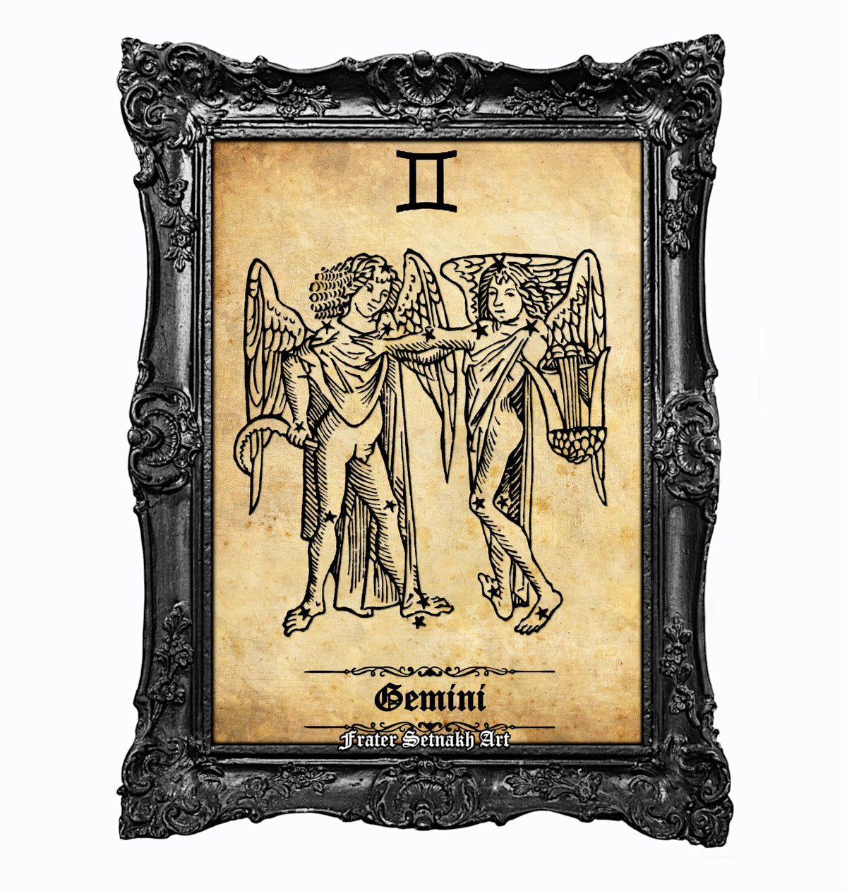 a framed illustration of the Gemini zodiac sign, with two winged figures standing together.