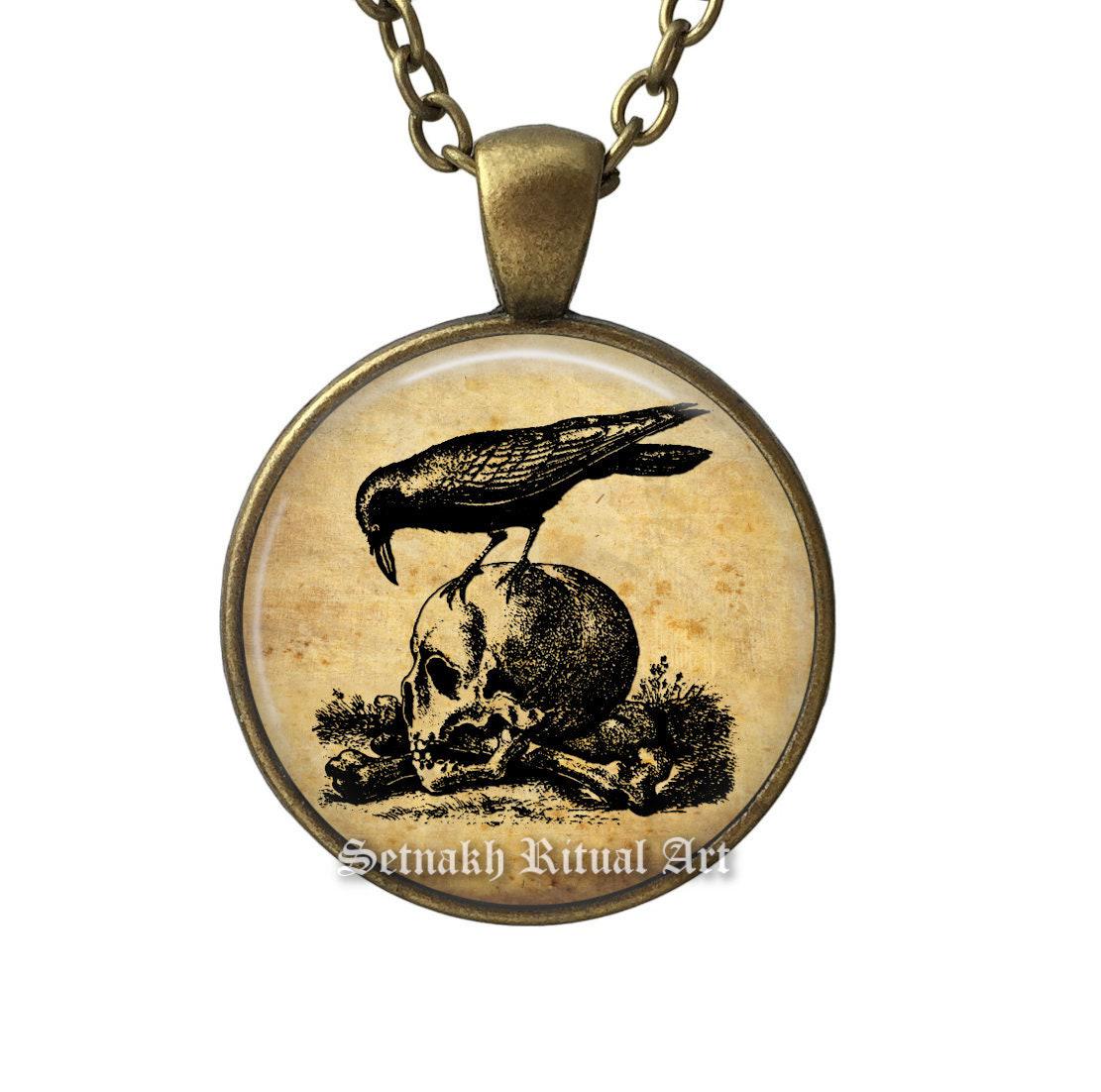 Raven and human skull, gothic talisman for wisdom, affection, healing powers, longevity, fertility, occult, dark pendant, magic necklace #A6