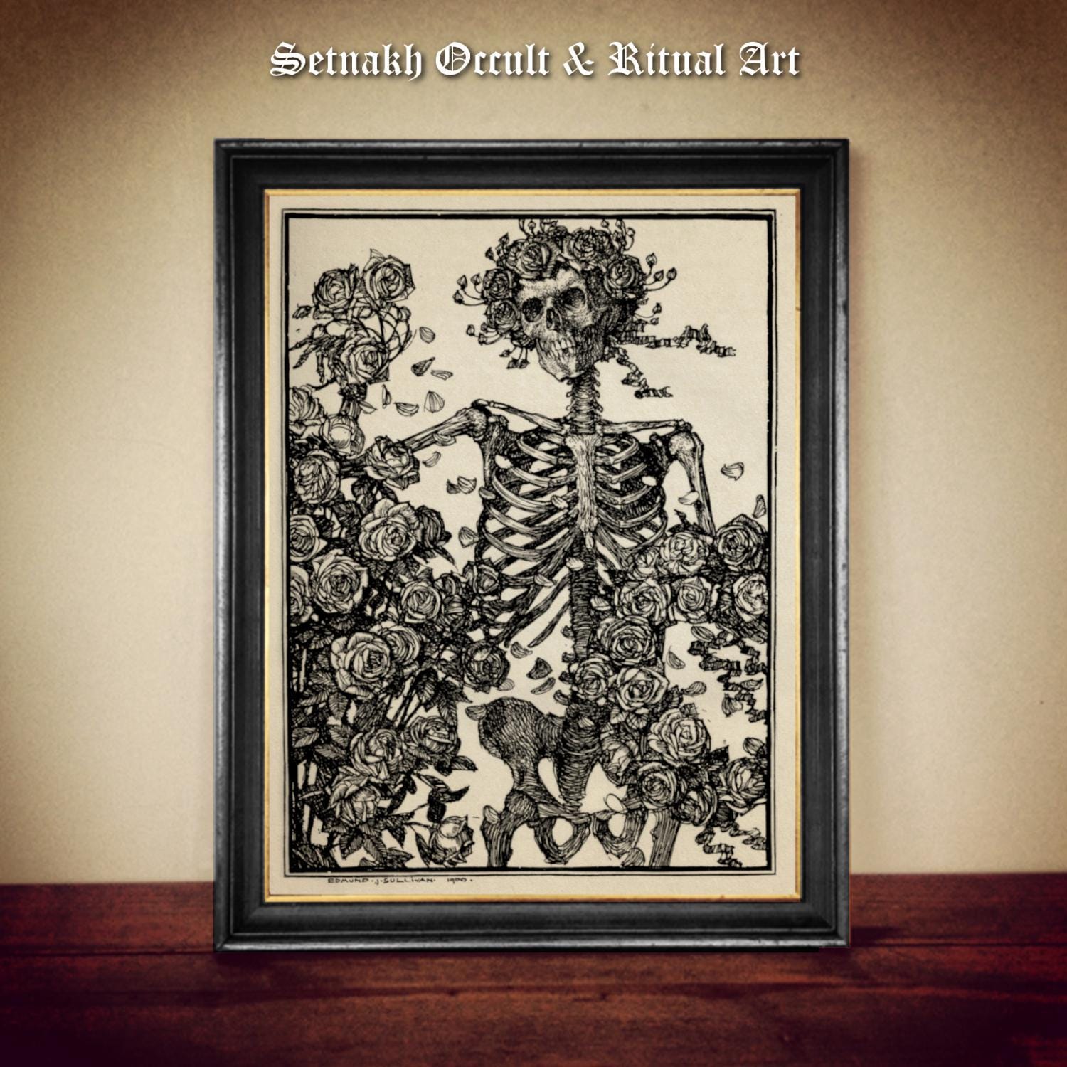 The Flower Forever Dies Print, Skeleton with Roses, Edmund J. Sullivan 1900, Gothic Art, Dark Academia, Vintage Poster, Memento Mori