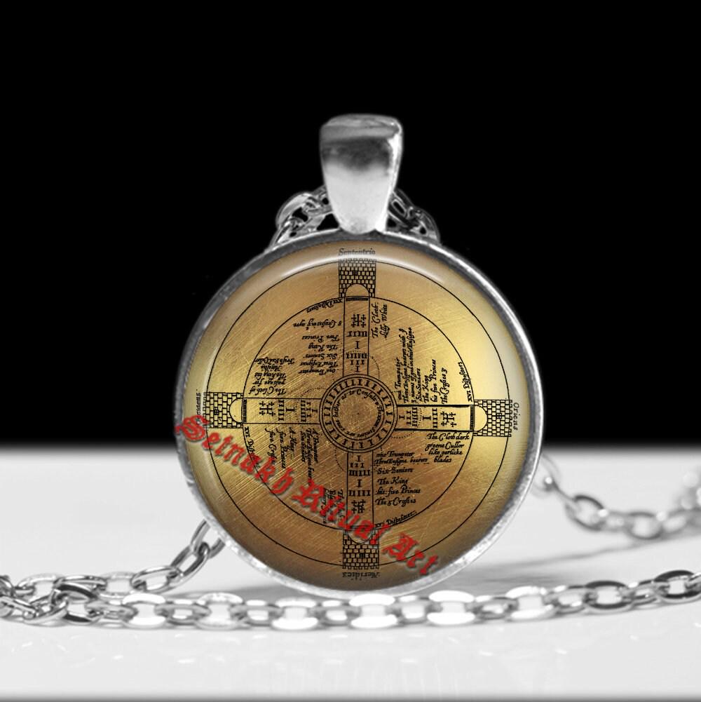 Edward Keeley's vision of Cosmos as a castle talisman, John Dee art, gold disc pendant, Enochian Magick, occult jewelry #525