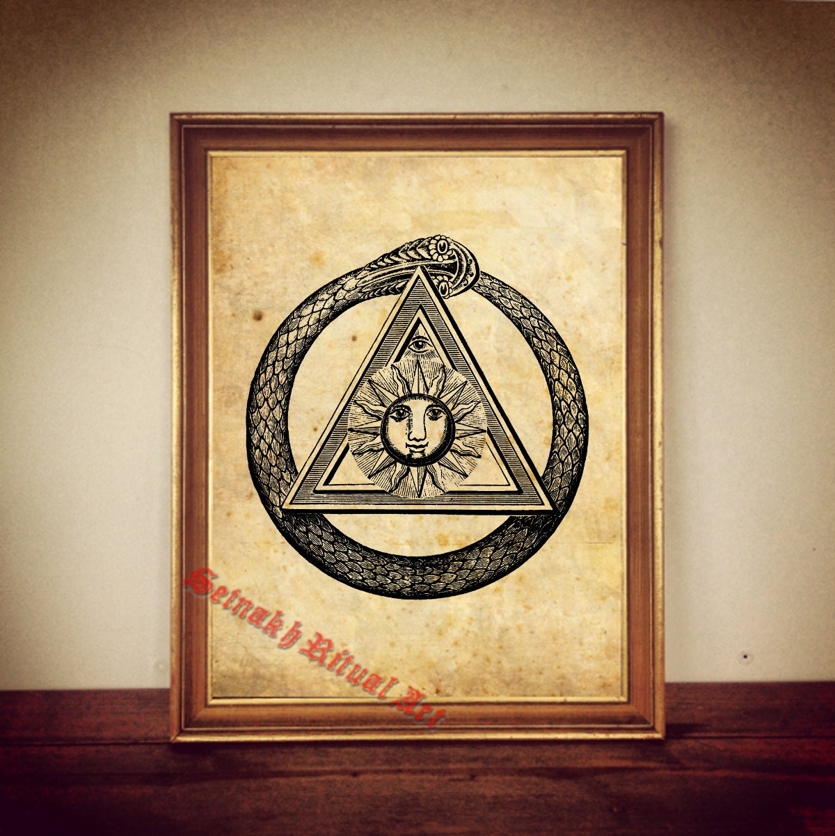 Sun, Triangle and Ouroboros Print – Antique Esoteric Occult Poster, All Seeing Eye Poster – Ouroboros and Solar Triangle Illustration – Vintage Hermetic Decor – Alchemical Mystical Print – Occult Gnostic Wall Art #97
