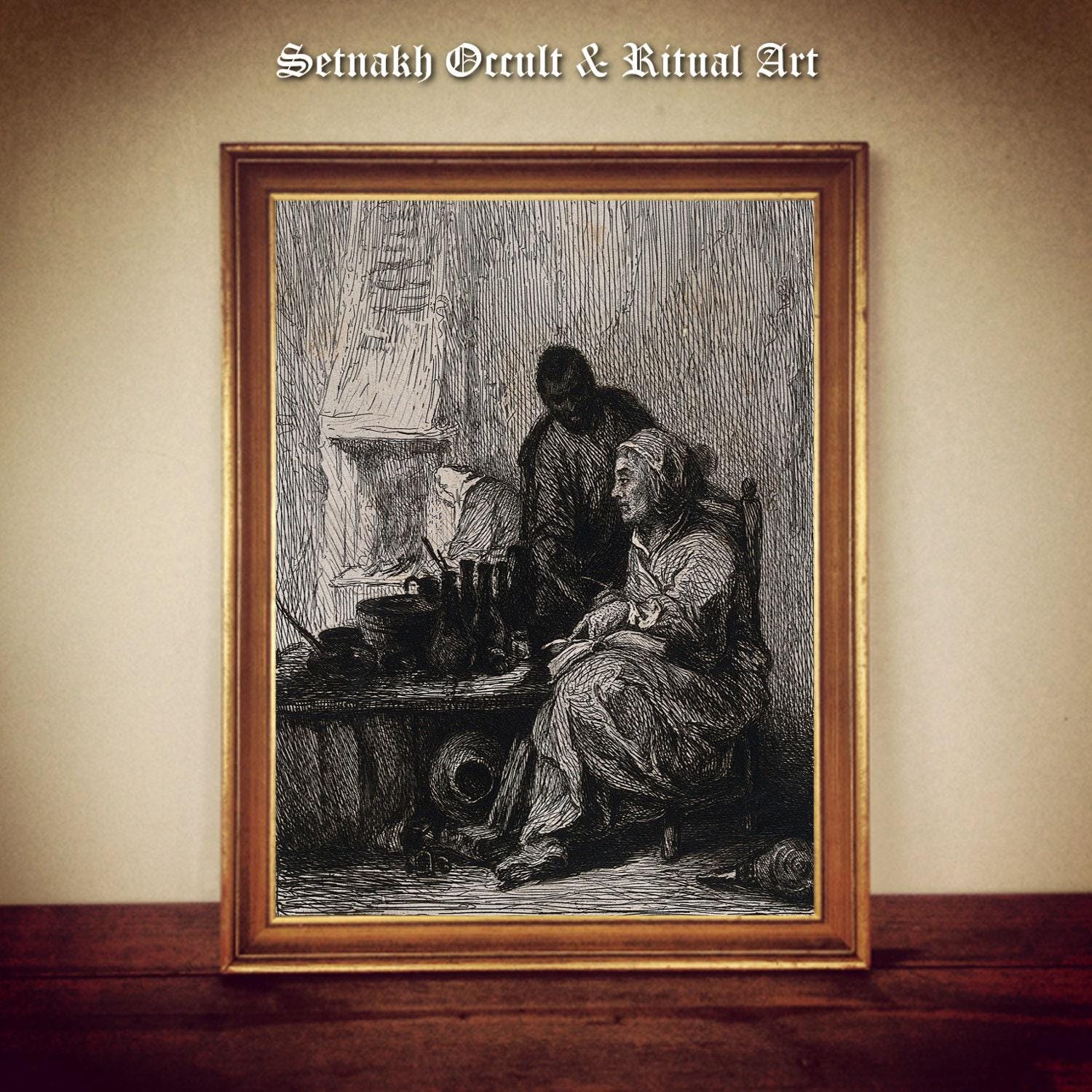 A witch at her table being helped by her attendant, witchcraft wall decor, black magic, dark art print, occult poster, gothic gift, #W42