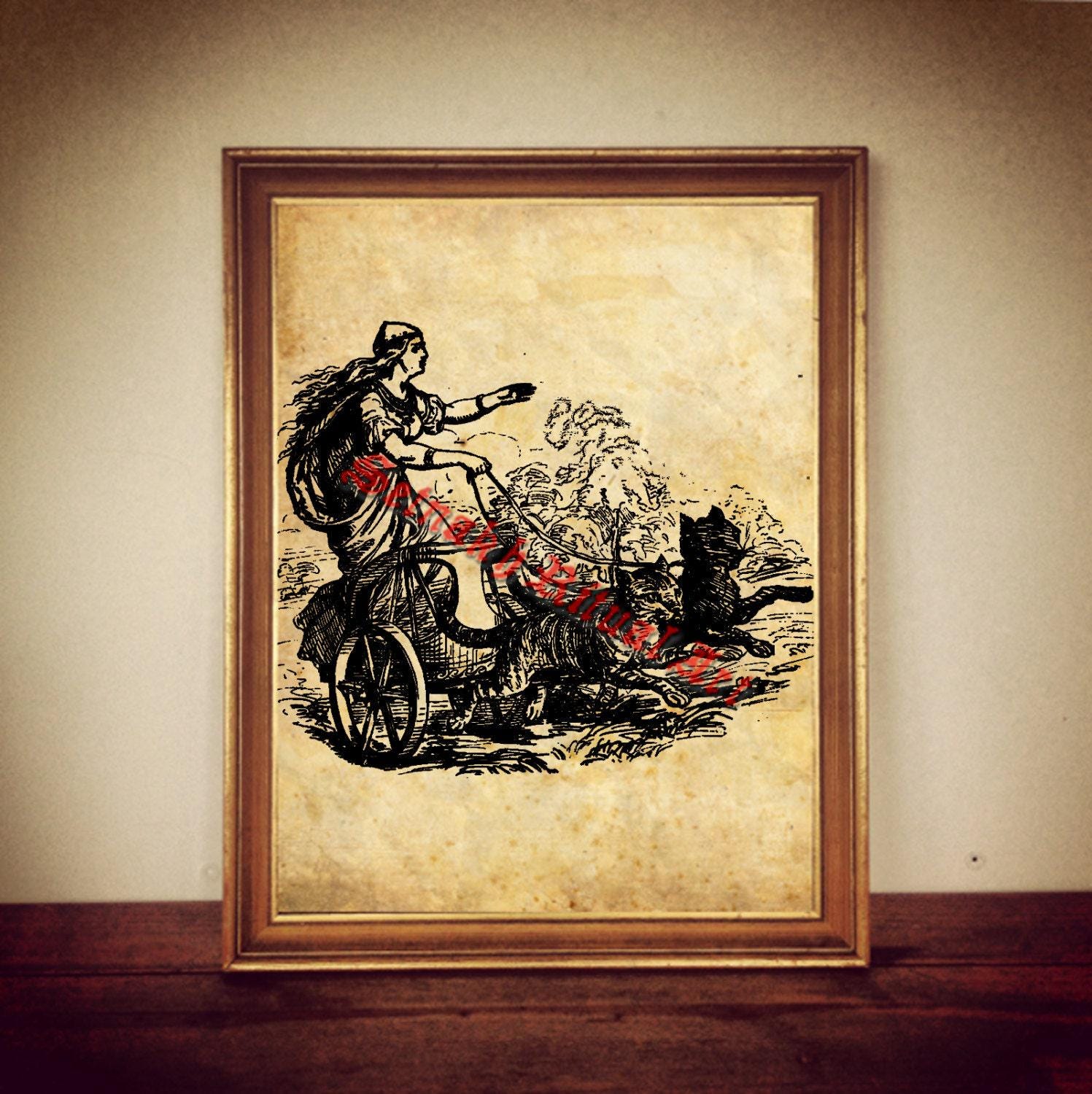 Freyja riding with her cats print, Norse mythology, nordic goddess illustration, scandinavian decor, Freija poster, wall art #333