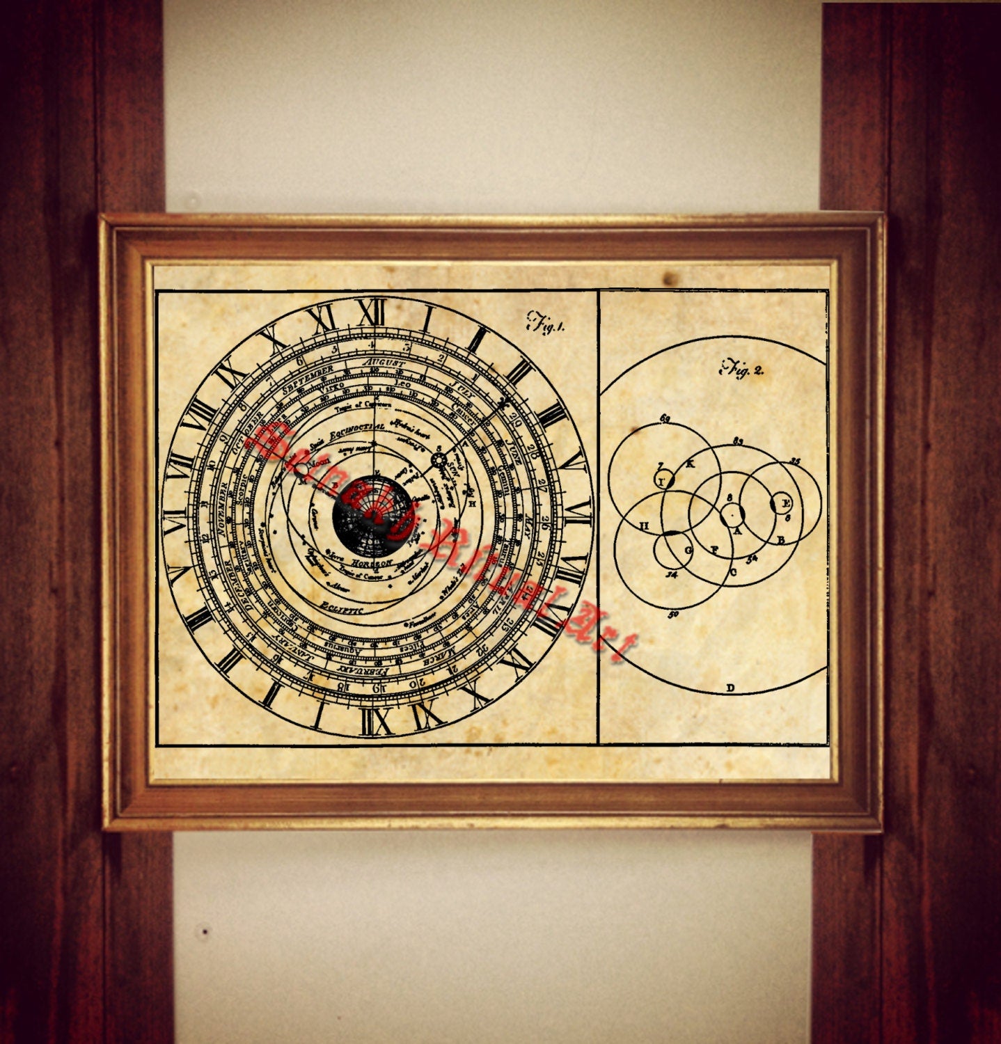 Antique scientific astronomical clock print, clock poster, astronomy print, occult print, rustic style, vintage home, antique decor, 186