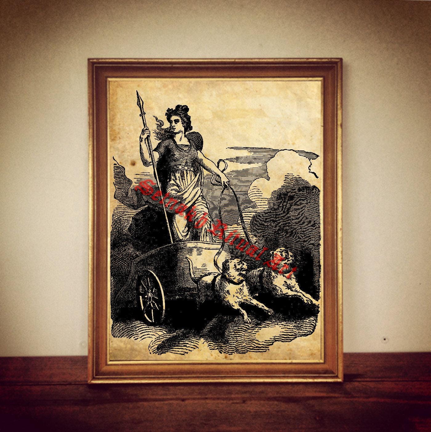 Freyja riding in chariot of cats print, Norse mythology poster, nordic goddess illustration, scandinavian decor, Freija art wall decor #336