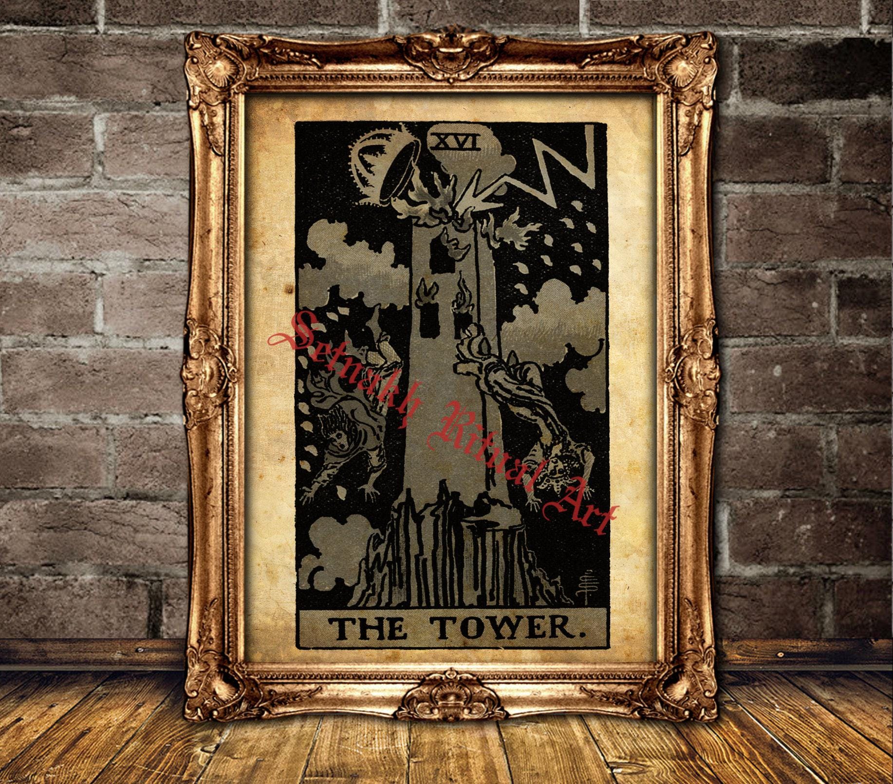 The Tower Tarot print, Sudden change, upheaval, chaos, revelation, awakening, magick, Tarot occult poster, occult home decor #396.16