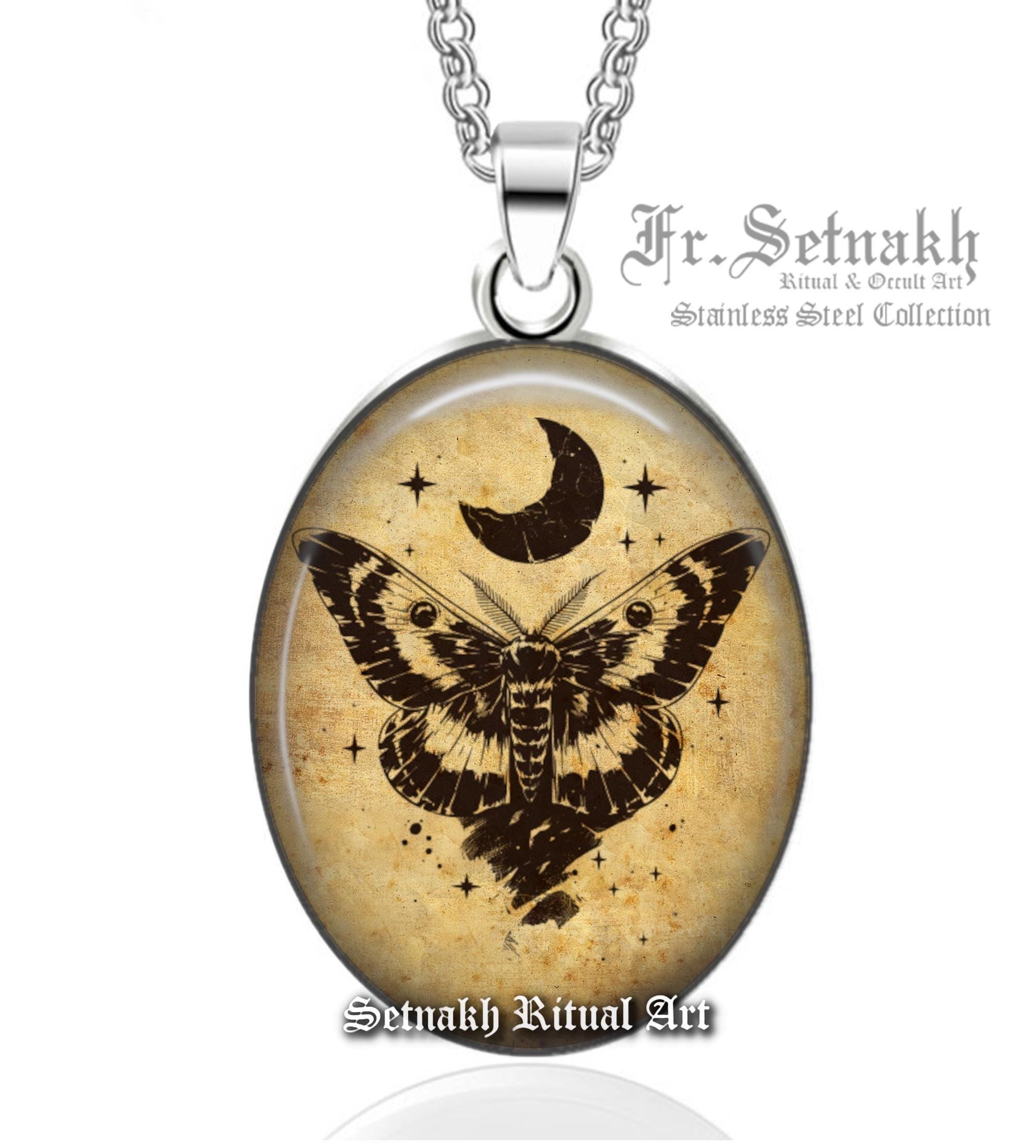 Moth and Moon Wicca Talisman Pendant Necklace – Witchy Stainless Steel Oval Pendant Jewelry for Spiritual Protection & Magic #WS6