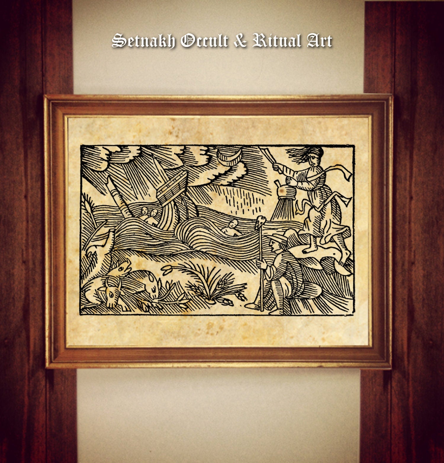 Witchcraft - woman witch casting spell causing storm at sea, woodcut art, witchcraft print, gothic esoteric, pagan home decor #W71