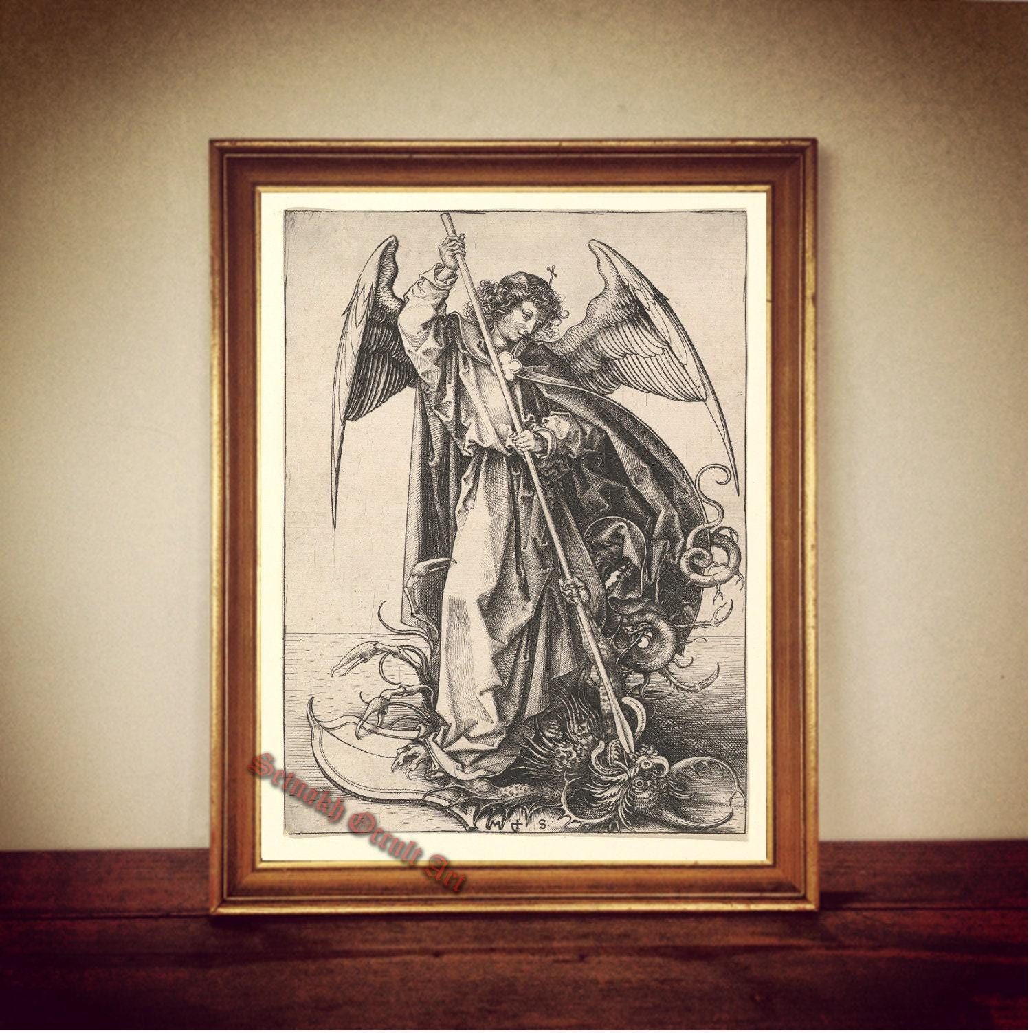 Michael Archangel slaying the dragon, angel poster, mystic print, Angel Magick, antiqued art, esoteric home decor #ANG1.