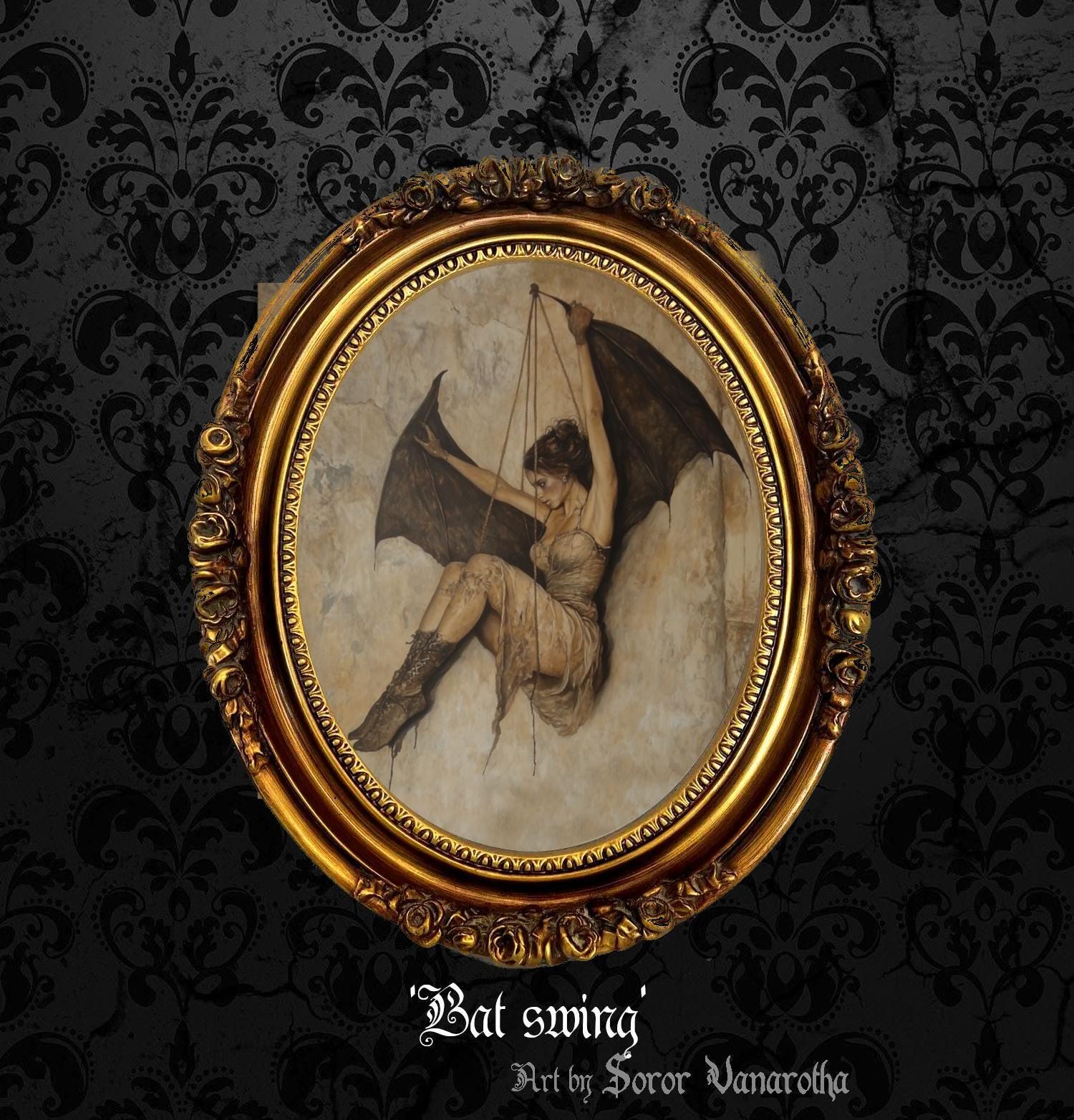Bat Swing Art Print or Canvas - Whimsical Batwoman on a Swing, Dark Fantasy Gothic Decor, Unique Wall Art for Halloween Lovers #SV7