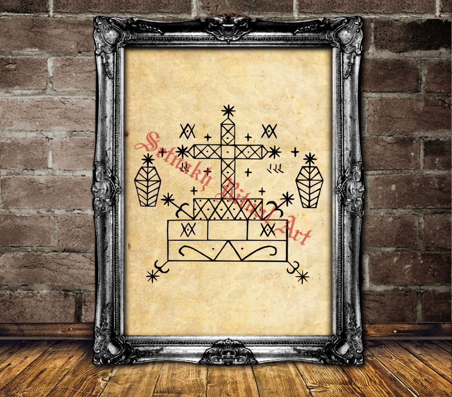 Baron Samedi Veve Print – Vodou Spirit of Death & Resurrection – Haitian Voodoo Occult Sigil – Mystical Veve Poster – Magick Ritual Altar Decor #122