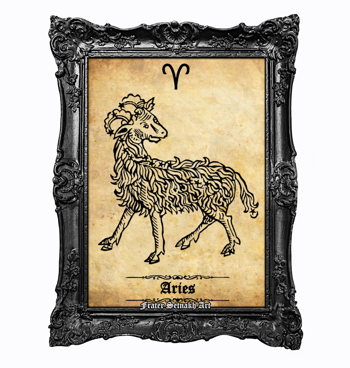 a framed illustration of a ram, which is a symbol associated with the zodiac sign Aries.