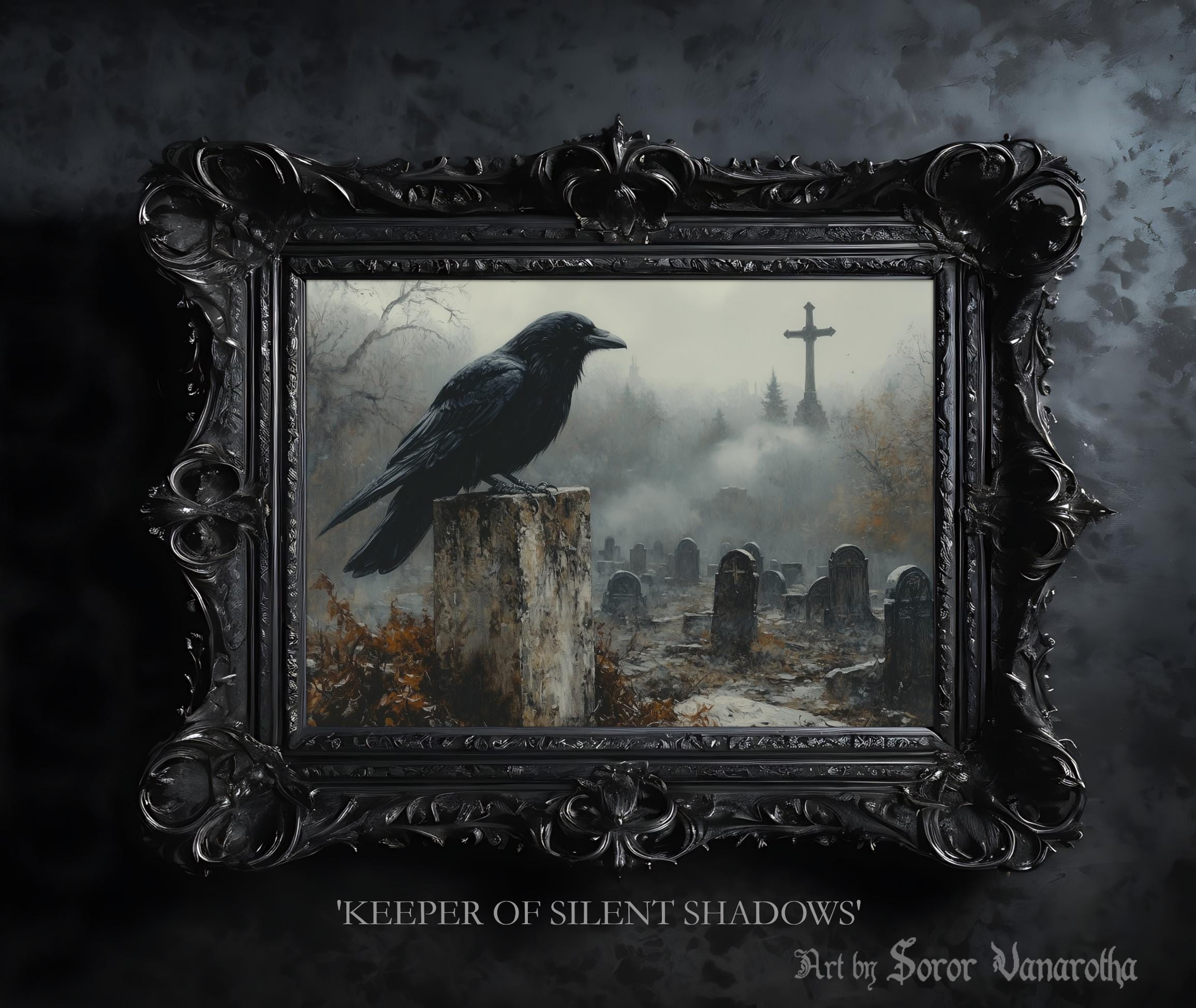 Keeper of Silent Shadows Print - Raven on Tombstone in Cemetery, Dark Gothic Art, Mysterious Bird Wall Decor, Fine Art Print, Witch #SV21