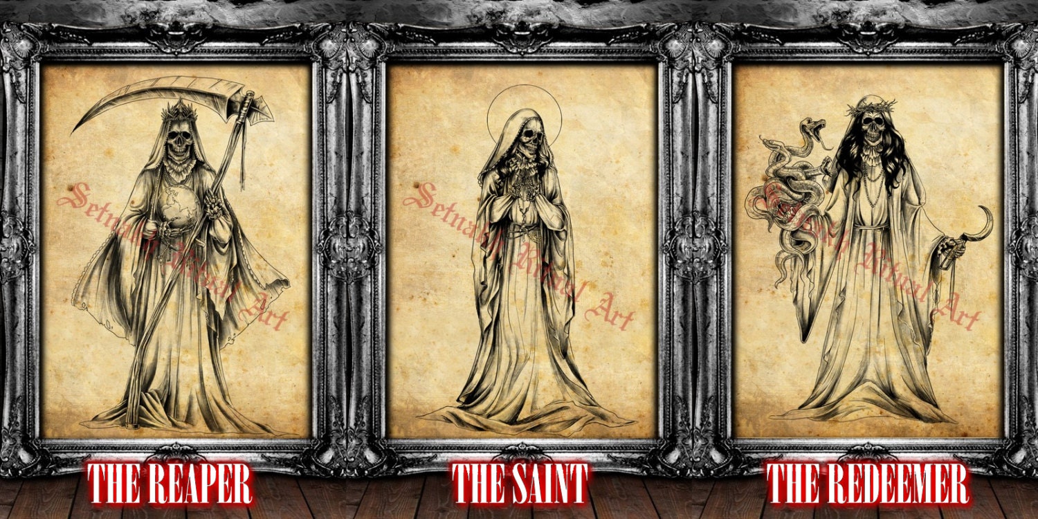 Santa Muerte art, Saint Death antiqued prints, Occult altar decor, Voodoo print, magic poster, gothic art #435