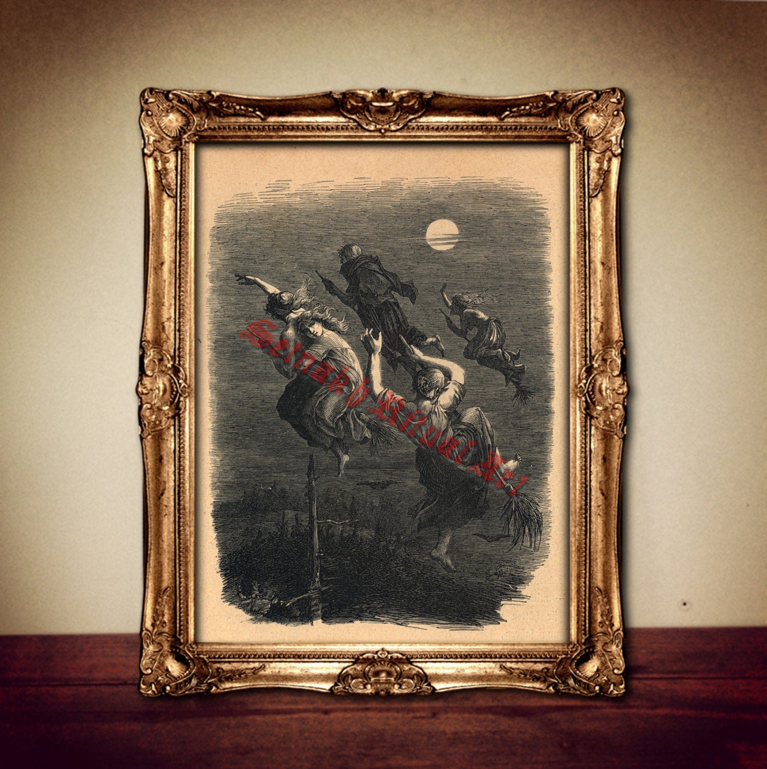 Witch art, Flying witches, magic art, wiccan wall decor, occult poster, medieval woodcut, vintage poster, witchcraft, spells #378