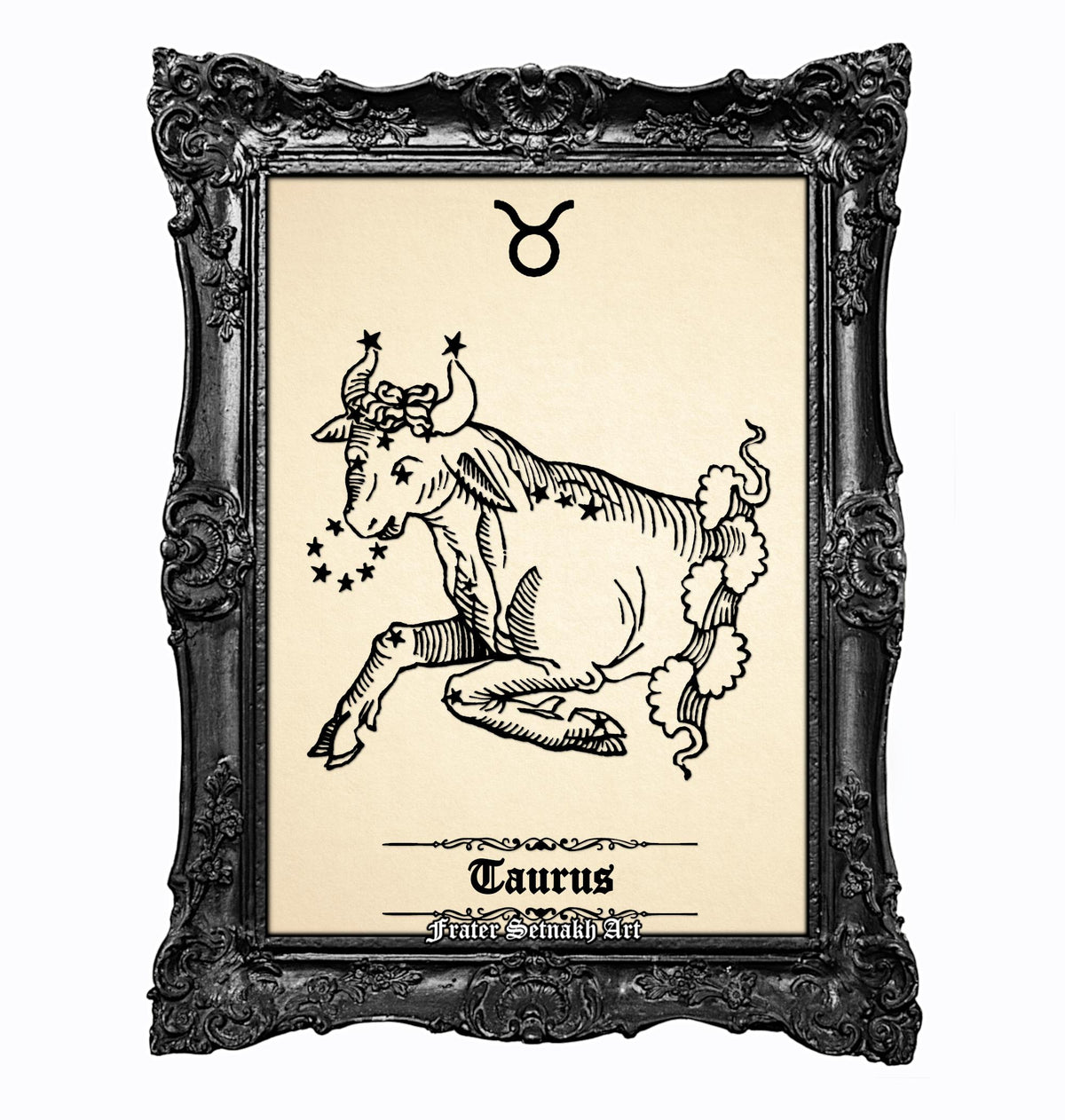 a framed illustration of a bull, which is a zodiac sign. The bull is depicted in a detailed, black and white style, with stars and a symbol above it. The frame has an ornate, decorative border. The text below the illustration reads "Taurus" and "Faterías Senhaki Art".