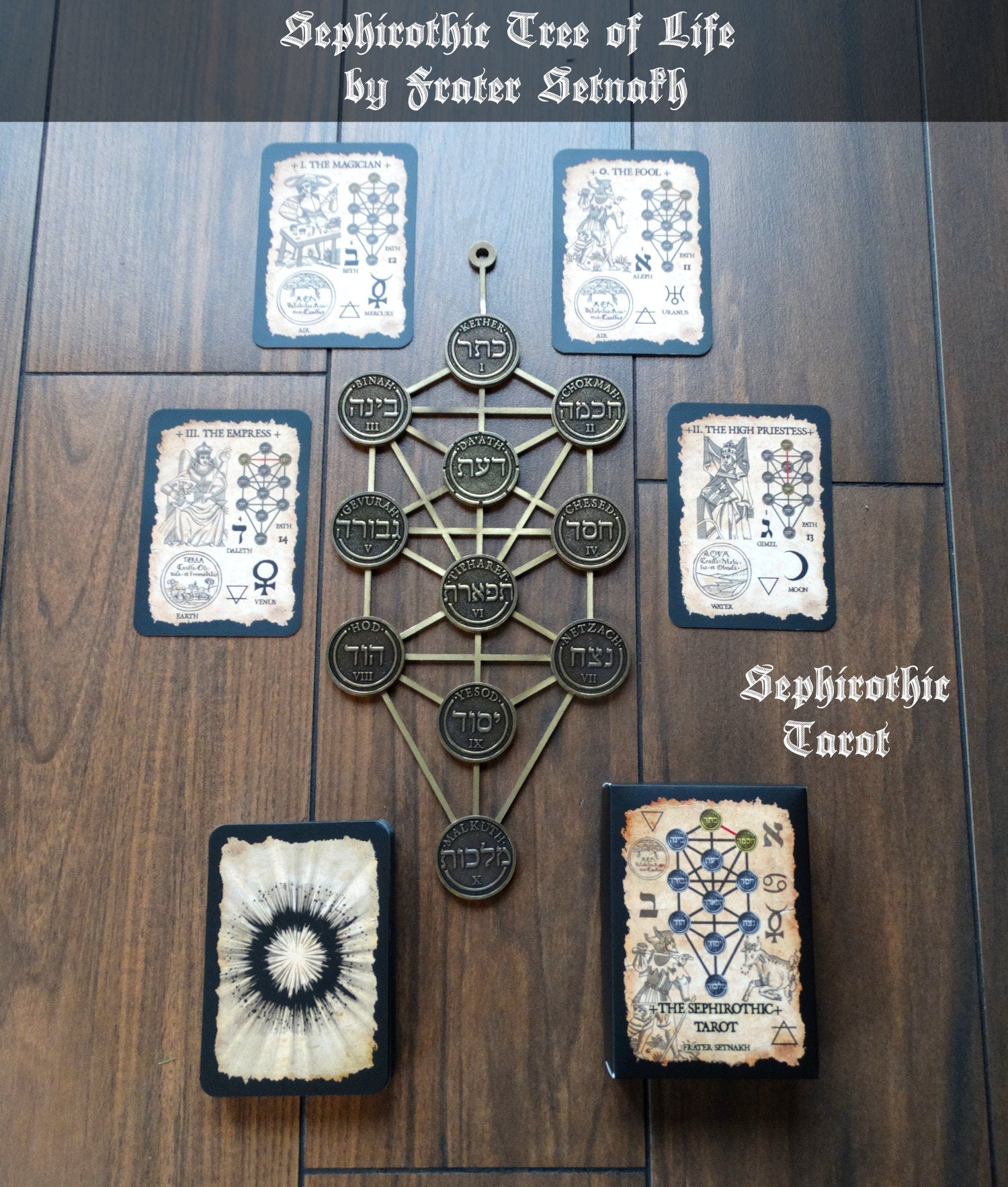 The Sephirothic Tarot - Deck of 78 Cards + Tree of Life metal divination tool, Sephiroth art, occult decor, Kabbalah, Qabala, Qabbalah