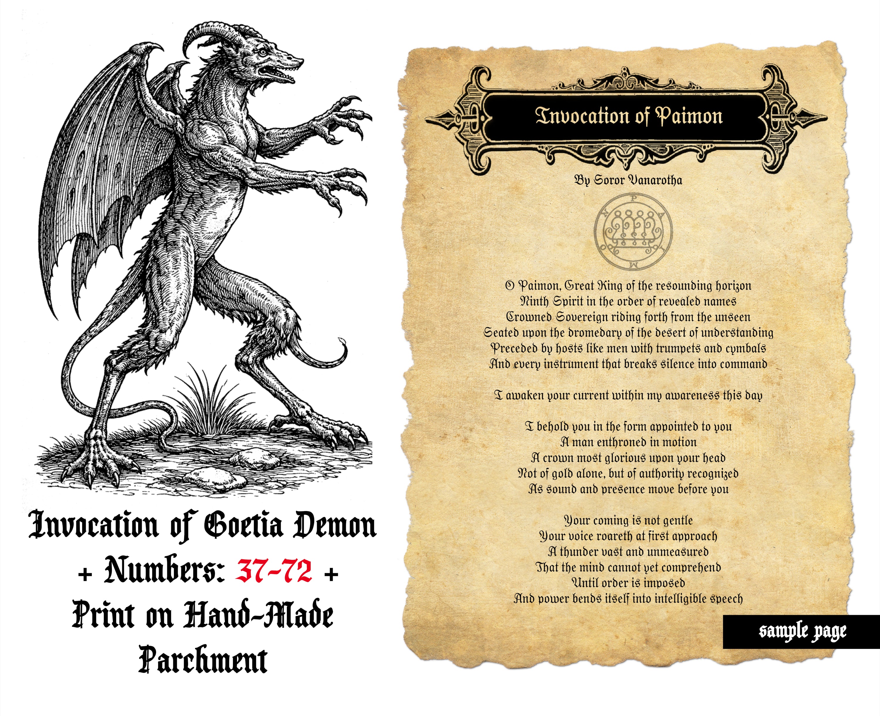 Invocation of Any Goetia Demon - Numbers: 37-72 - Print on Hand-Made Parchment, by Soror Vanarotha- 6 pages