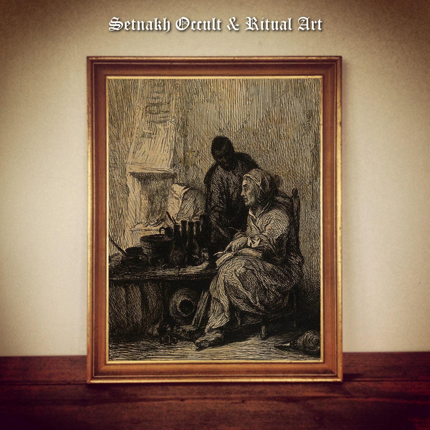 A witch at her table being helped by her attendant, witchcraft wall decor, black magic, dark art print, occult poster, gothic gift, #W42