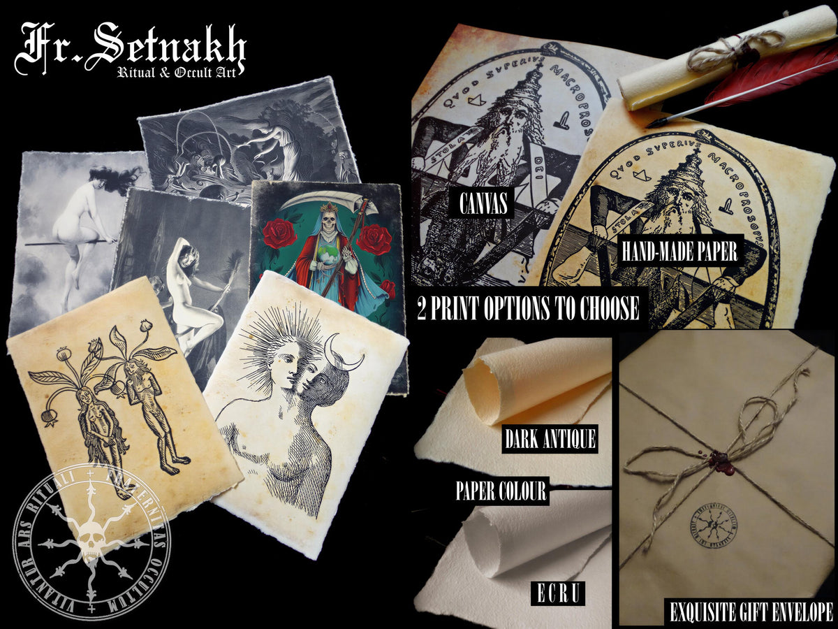 The image is a collage of various artistic and decorative items, including a scroll, a canvas, a hand-made paper, and a dark antique paper. The items are arranged on a black background, and there are descriptions of the items, such as "Canvas", "Hand-made paper", "2 print options to choose", "Dark antique paper colour", "Paper colour", "ENCUR", and "Enquisite gift envelope".